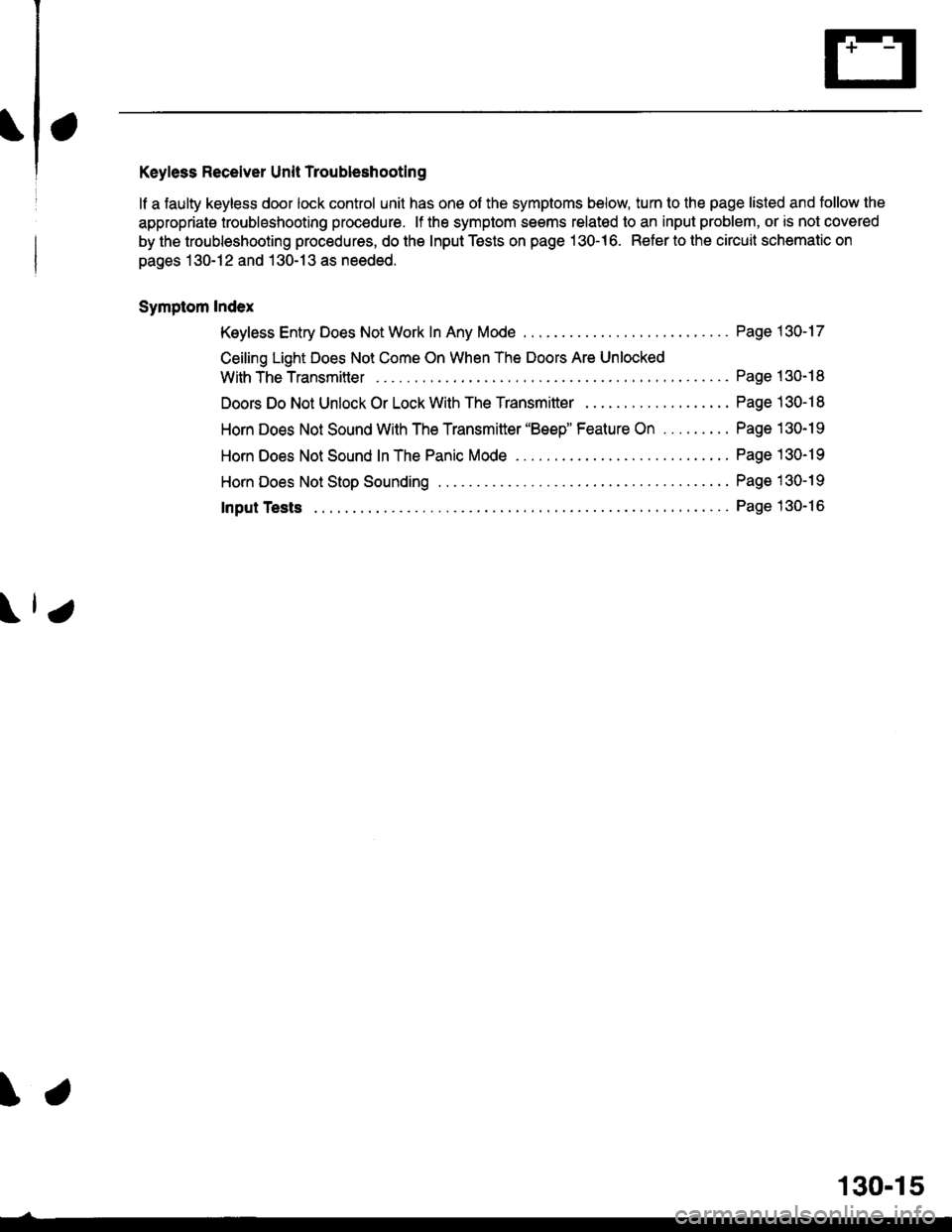 HONDA CIVIC 1996 6.G Workshop Manual Keyless Receiver Unit Troubleshooting
lf a faulty keyless door lock control unit has one of the symptoms below, turn to the page listed and tollow the
appropriate troubleshooting procedure. lf the sym