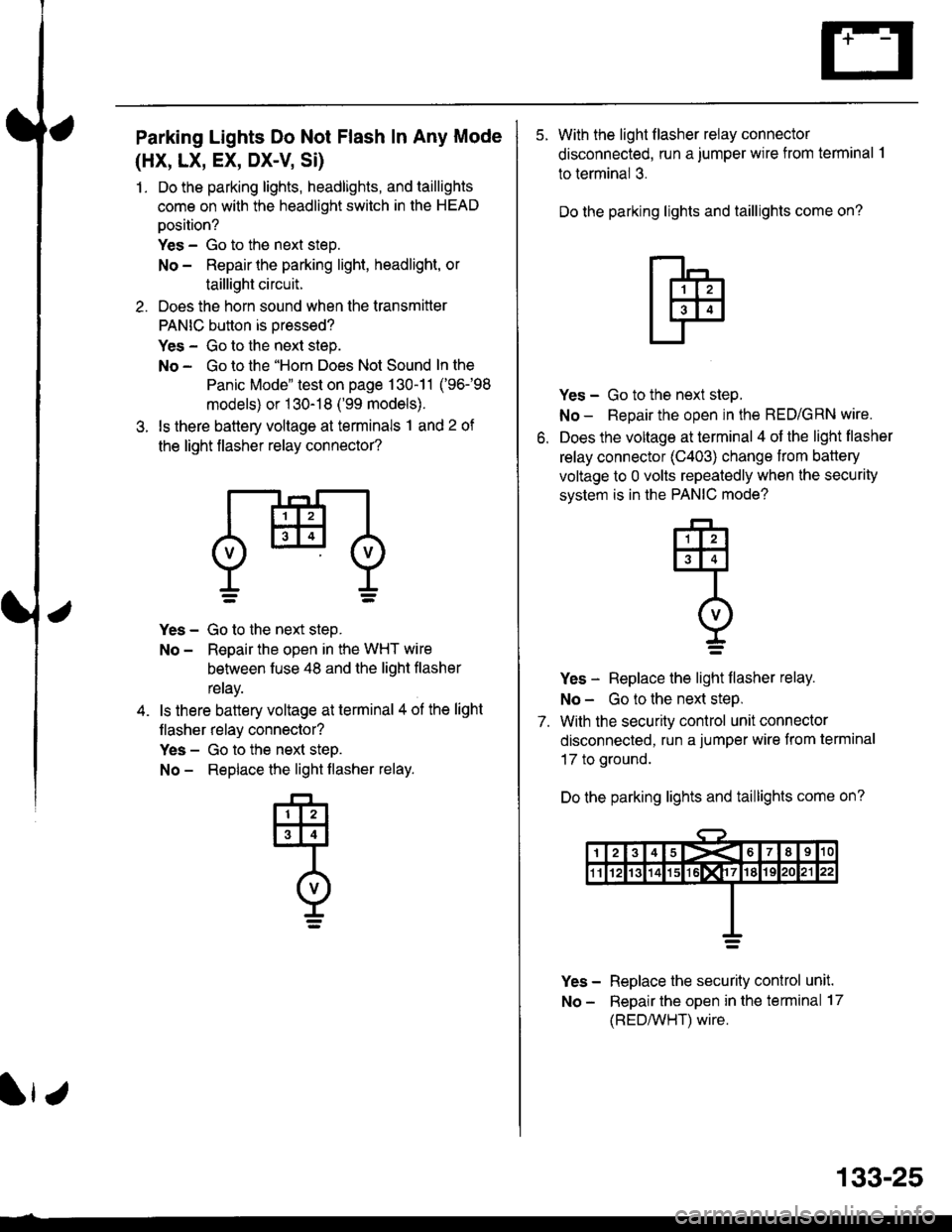 HONDA CIVIC 1997 6.G Workshop Manual Parking Lights Do Not Flash In Any Mode
(HX, LX, EX, DX-V Si)
1. Do the parking lights, headlights, and taillights
come on with the headlight switch in the HEAD
oosition?
Yes - Go to the next steo.
No HONDA CIVIC 1997 6.G Workshop Manual Parking Lights Do Not Flash In Any Mode
(HX, LX, EX, DX-V Si)
1. Do the parking lights, headlights, and taillights
come on with the headlight switch in the HEAD
oosition?
Yes - Go to the next steo.
No