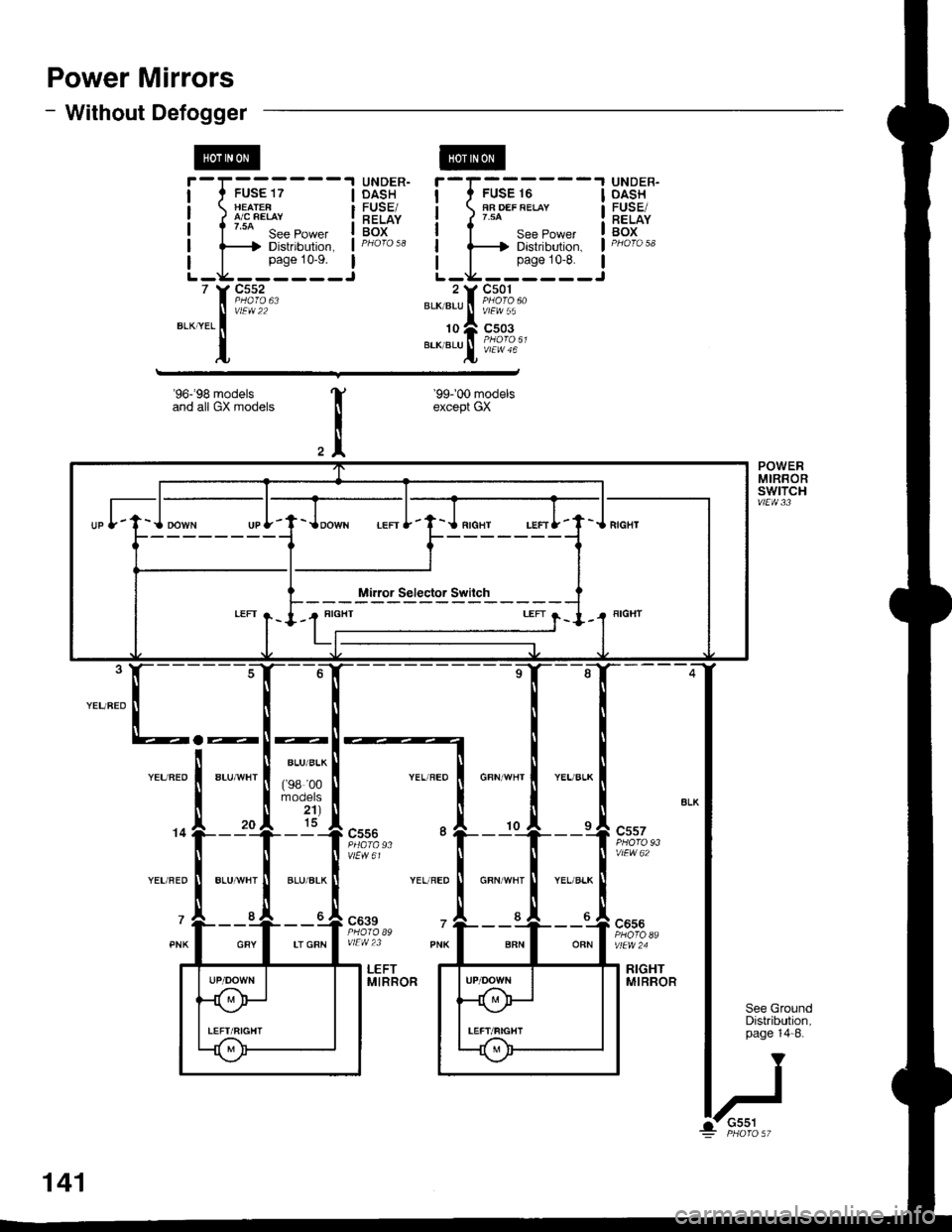 HONDA CIVIC 1998 6.G Workshop Manual Power Mirrors
- Without Defogger
r,-;;---j HEAIEF 1/ A/C FEIAY
I t uo s"" Po*", !f-----f Distribution, I
L_i:i:_J
UNDER-DASH
RELAYBOX
UNDER-OASHFUSE/RELAYBOX
I
I
I
I
I
BLK/BLU
10
BLK/BLU
-l
I
I
I
I
IJ
