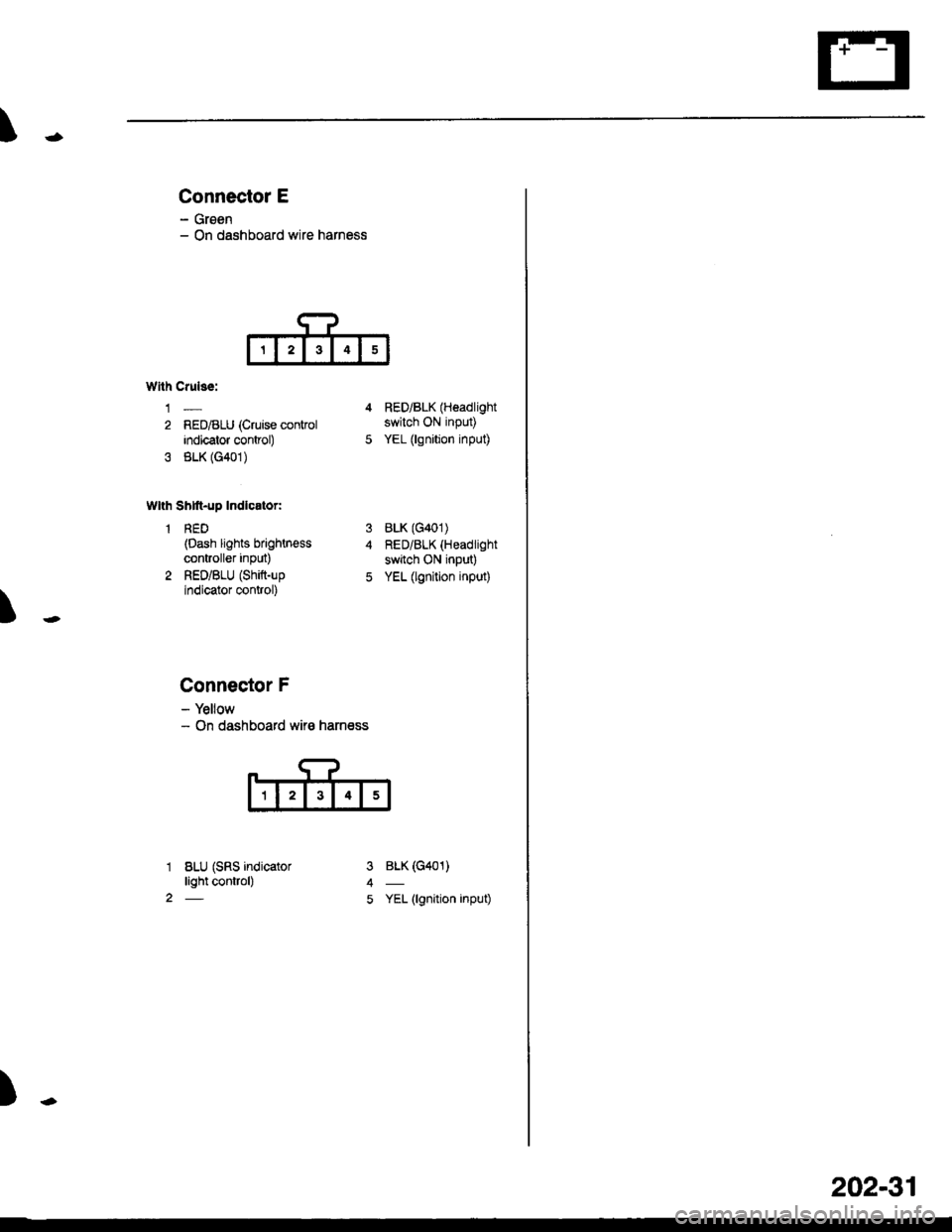 HONDA CIVIC 2000 6.G Workshop Manual \
Connector E
- Groen- On dashboard wire harness
T
Wllh Crulss:
1-
2 RED/BLU (Cruise conkolindicator control)
3 BLK (G401)
Wlth Shtft-up Indlcator:
1 RED(Dash lights brightn€ss
controller inPut)
2 R