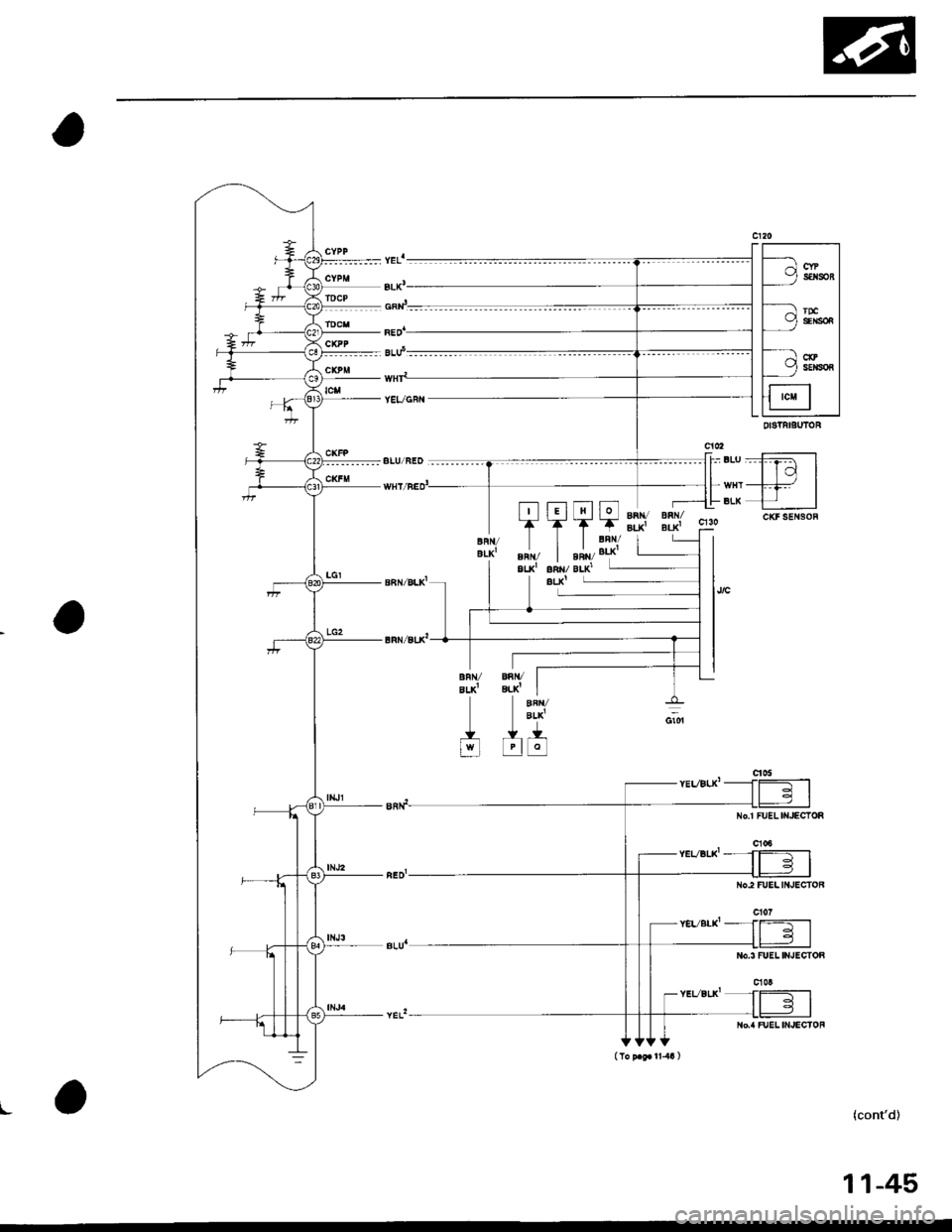 HONDA CIVIC 2000 6.G Workshop Manual -E--l
| ^ qYP II Y $rsoi I
-lII /.JrDc II Y SEr$Oi IItlf--A o II v) sEr,rsoi II|f-------l I
ll �cM | |_L:_---JDIgIRIBUTOR
CKFSENSORFI--
IAFN/ar-xl
til|-
EiN/ELxl
BRN/B!K
,lol
EFN/aLKl
;qLPI
BFN/ar-