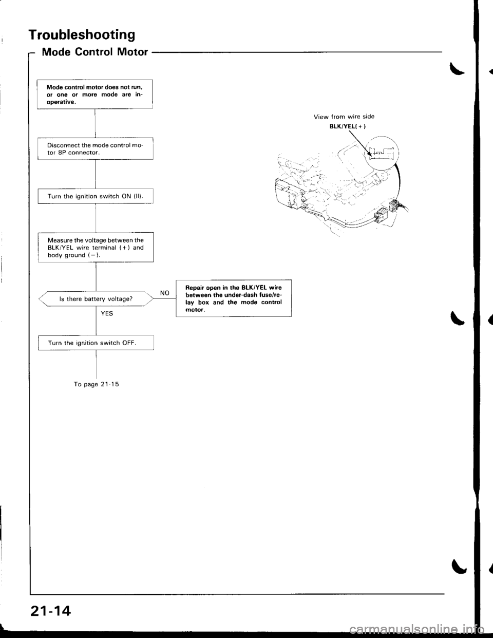HONDA INTEGRA 1998 4.G Workshop Manual Troubleshooting
Mode Control Motor
Mode controlmotor does nol run.or ong or more mode are in-operatve.
Disconnect the mode control mo-tor 8P connector.
Turn the ignrtion switch ON (ll).
Measurethe vol