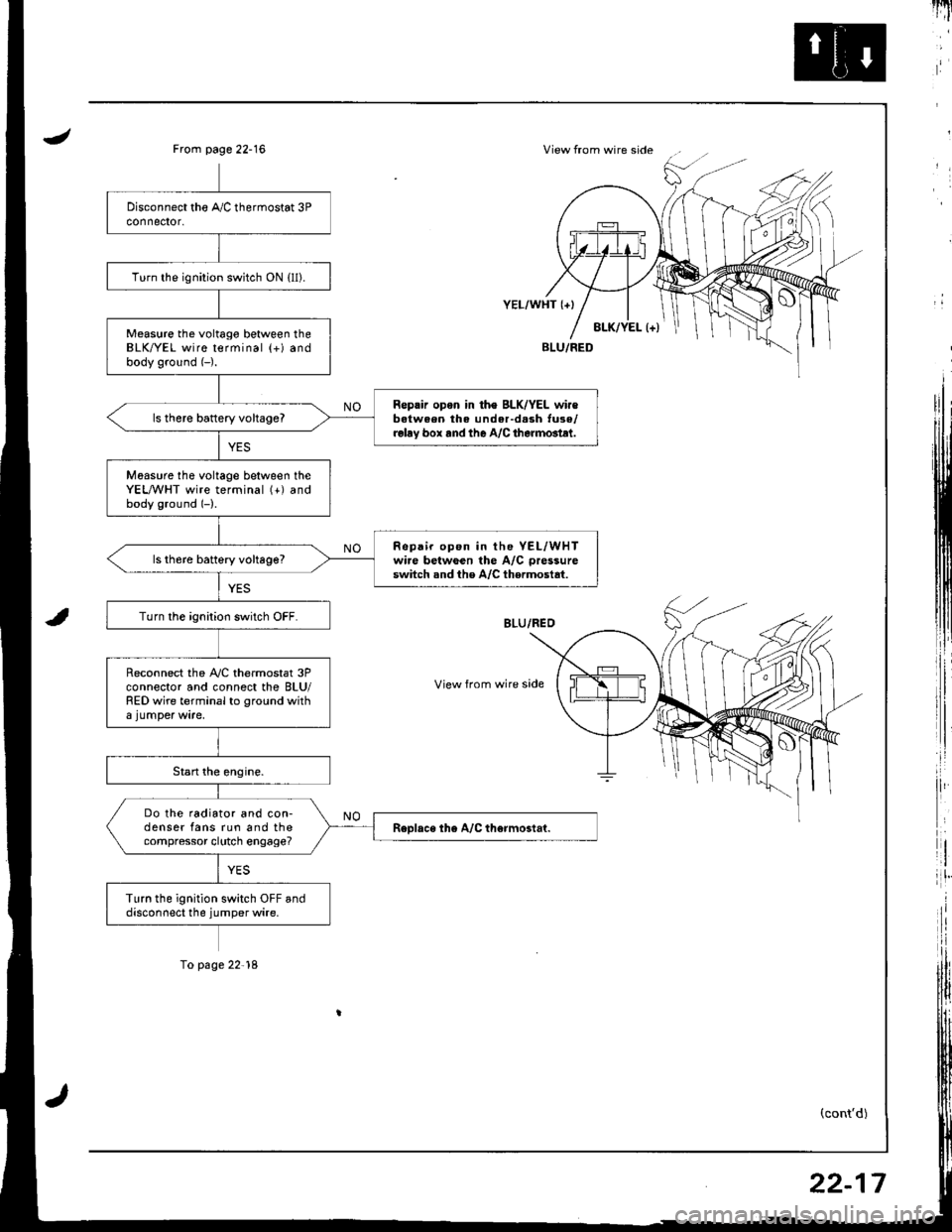 HONDA INTEGRA 1998 4.G Workshop Manual JView from wire sideFrom page 22-16
i,:,
il
rlt
8LK/YEL l+)
YEL/WHT {+}
View from wire side
BLU/FED
(contd)
Turn the ignition switch ON {ll).
Measure the voltago between theBLK/YEL wire terminal (+)