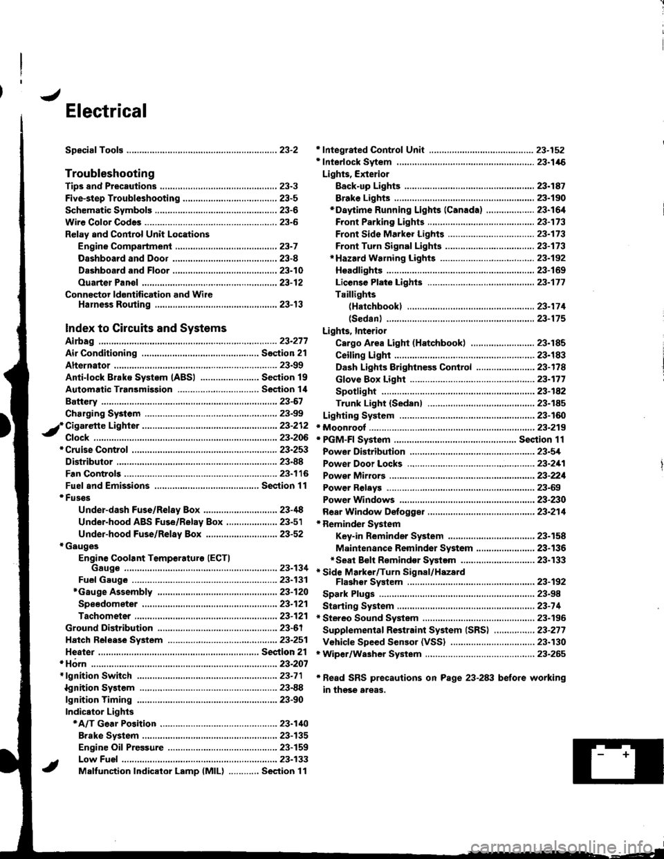 HONDA INTEGRA 1998 4.G Workshop Manual J
Electrical
Speciaf Toofs ..........................23-2
Troubleshooting
Tips 8nd Precautions .......................,..,.,.,.,.,......,..., 23-3
Five-step Troubleshooting ............,......,.,.,...