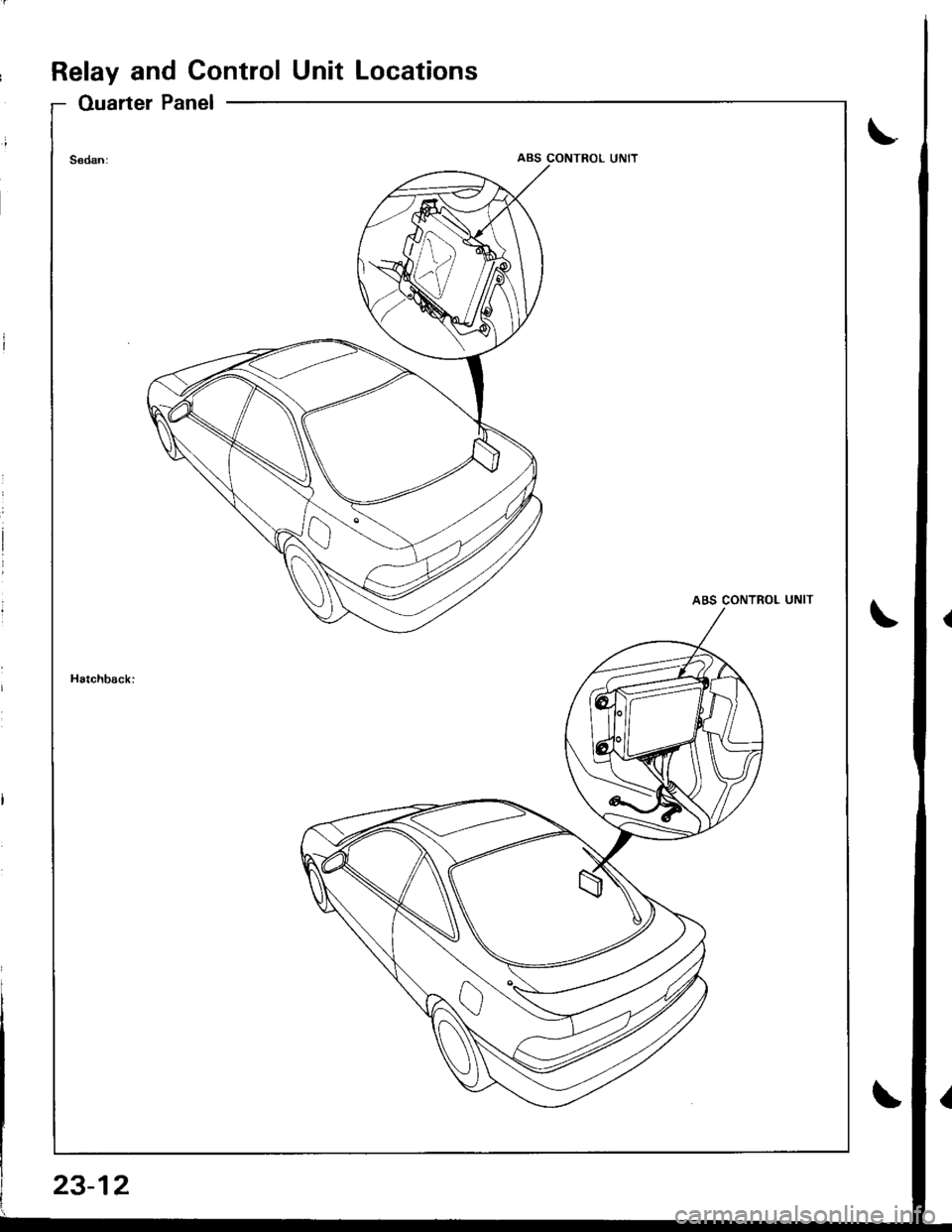 HONDA INTEGRA 1998 4.G Workshop Manual Relay and Control Unit Locations
Ouarter Panel
ABS CONTROL UNIT
23-12 