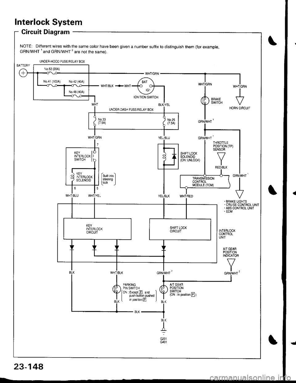 HONDA INTEGRA 1998 4.G Workshop Manual lnterlock System
Circuit Diagram
NOTE: Different wires with the same color have been given a number suflix to distinguish them (for example,cRNA/VHT I and cRNMHT � are not the same).
WHT/ BLK .-- WHI