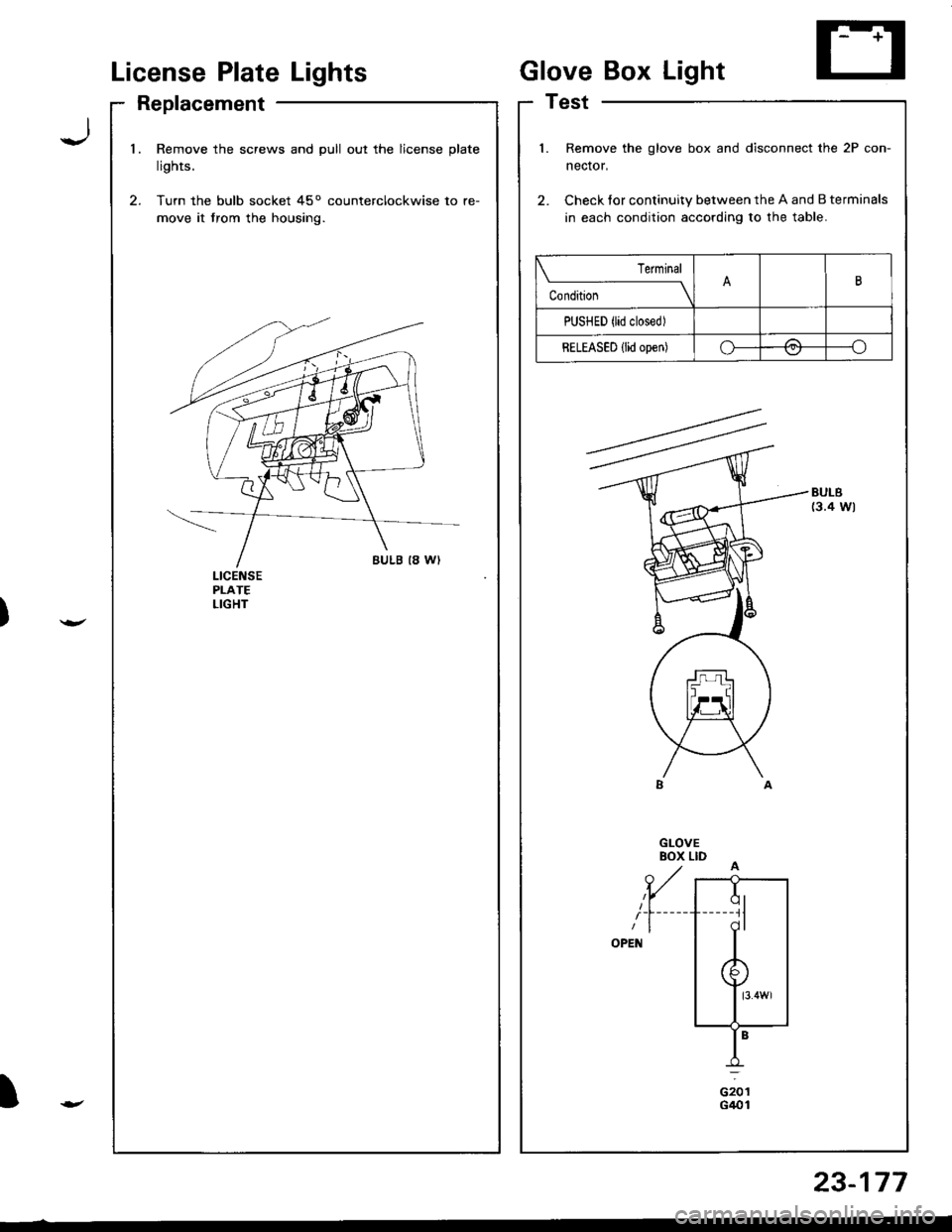 HONDA INTEGRA 1998 4.G Workshop Manual License PlateLights
Replacement
GloveBox Light
Test
Jl.Remove the screws and pull out the license plate
lights.
Turn the bulb socket 45o counterclockwise to re-
move it trom the housing.
l.
2.
Remove 