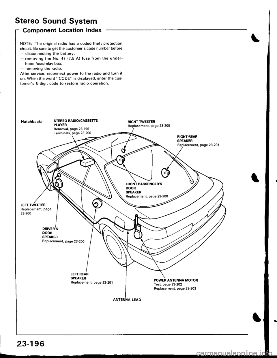 HONDA INTEGRA 1998 4.G Workshop Manual Stereo Sound System
Component Location Index
DOORSPEAKERReplacement, page 23-2OO
NOTE: The original radio has a coded theft protection
circuit. Be sure to get the customers code number betore- discon