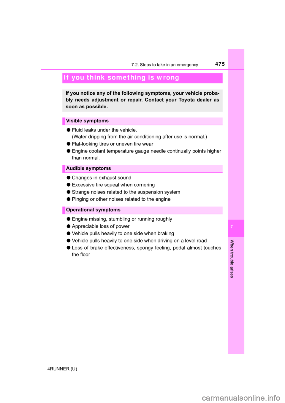 TOYOTA 4RUNNER 2020  Owners Manual (in English) 4757-2. Steps to take in an emergency
7
When trouble arises
4RUNNER (U)
●Fluid leaks un der the vehicle.
(Water dripping from the air conditioning a fter use is normal.)
● Flat-looking tires or un