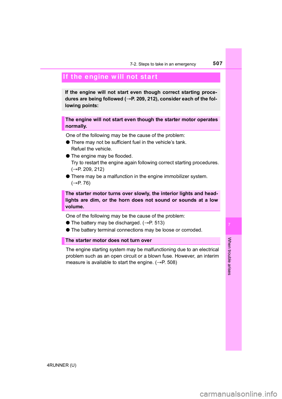 TOYOTA 4RUNNER 2020  Owners Manual (in English) 5077-2. Steps to take in an emergency
7
When trouble arises
4RUNNER (U)
One of the following may be the cause of the problem:
● There may not be sufficient fuel in the vehicle’s tank. 
Refuel the 