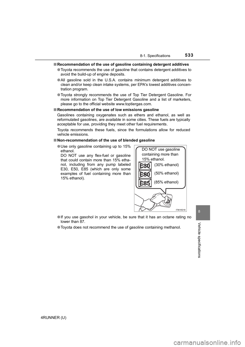 TOYOTA 4RUNNER 2020  Owners Manual (in English) 5338-1. Specifications
8
Vehicle specifications
4RUNNER (U)■
Recommendation of the use of gaso line containing detergent additives
● Toyota recommends the use of gasoline that contains detergent a