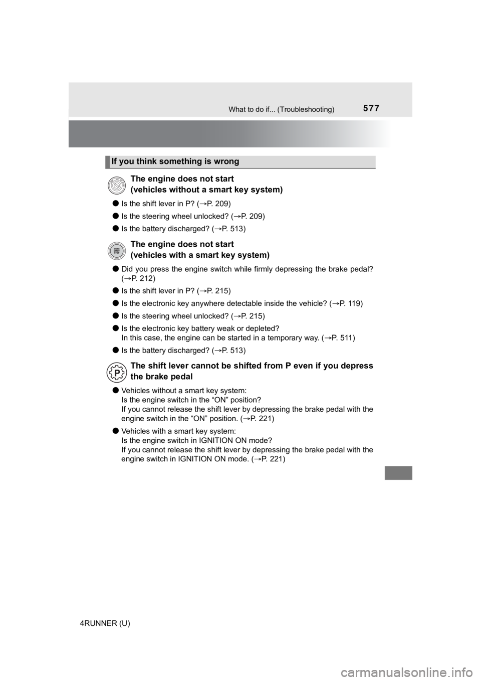 TOYOTA 4RUNNER 2020  Owners Manual (in English) 577What to do if... (Troubleshooting)
4RUNNER (U)
●Is the shift lever in P? (P. 209)
●Is the steering wheel unlocked? ( P. 209)
●Is the battery discharged? (P. 513)
●Did  you  press  