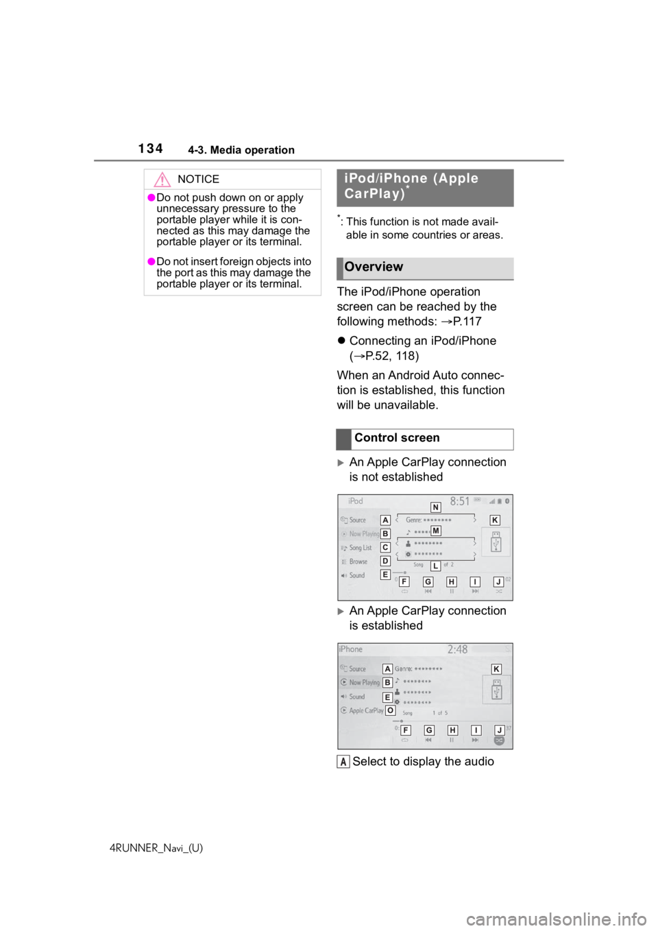 TOYOTA 4RUNNER 2020  Accessories, Audio & Navigation (in English) 1344-3. Media operation
4RUNNER_Navi_(U)
*: This function is not made avail-able in some countries or areas.
The iPod/iPhone operation 
screen can be reached by the 
following methods:  P. 1 1 7
