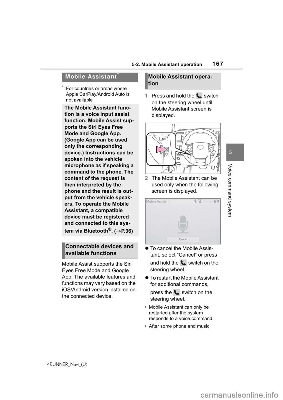 TOYOTA 4RUNNER 2020  Accessories, Audio & Navigation (in English) 1675-2. Mobile Assistant operation
4RUNNER_Navi_(U)
5
Voice command system
5-2.Mobile Assistant operation
*: For countries or areas where  Apple CarPlay/Android Auto is 
not available
Mobile Assist su