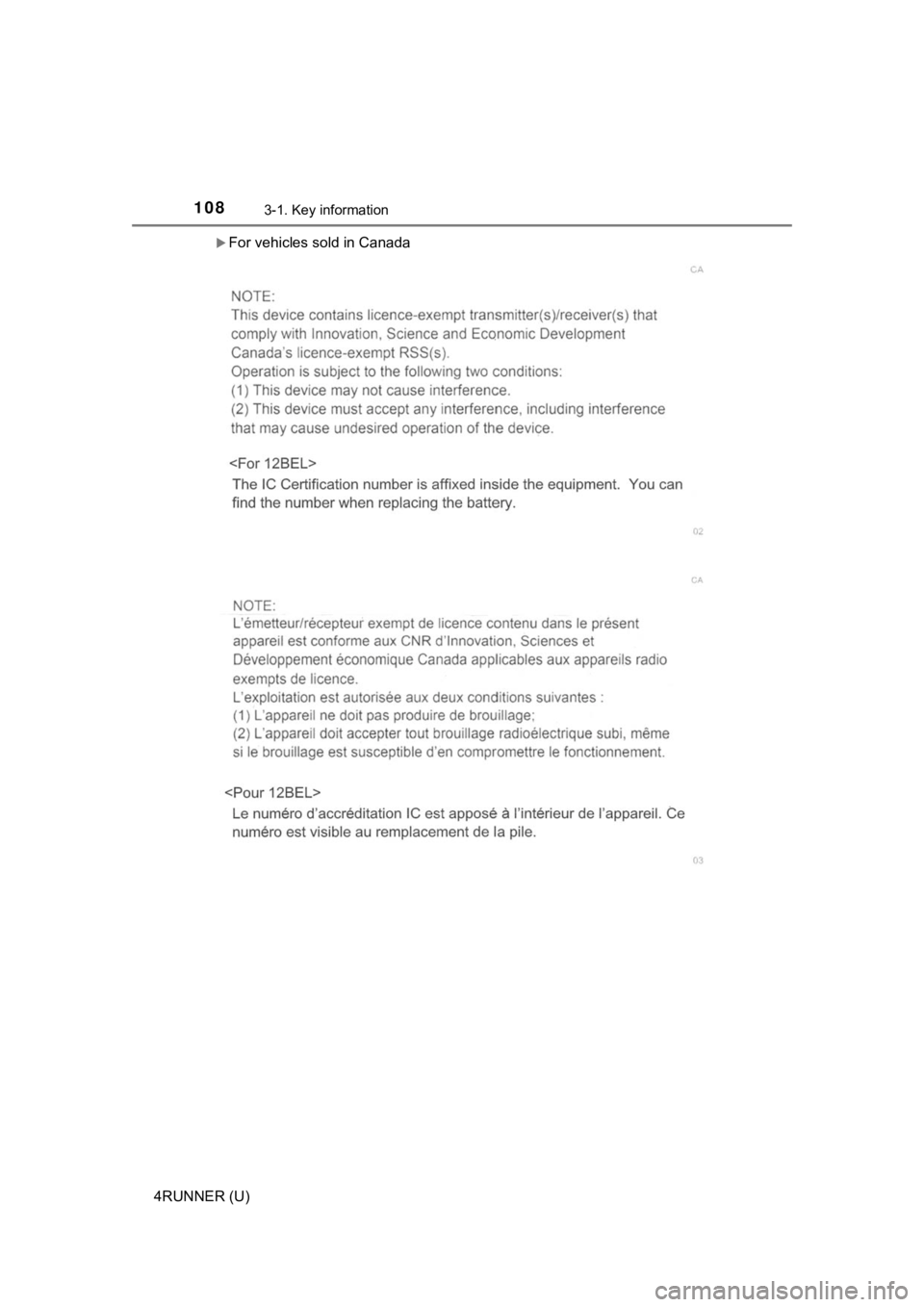 TOYOTA 4RUNNER 2021  Owners Manual (in English) 1083-1. Key information
4RUNNER (U)
For vehicles sold in Canada 