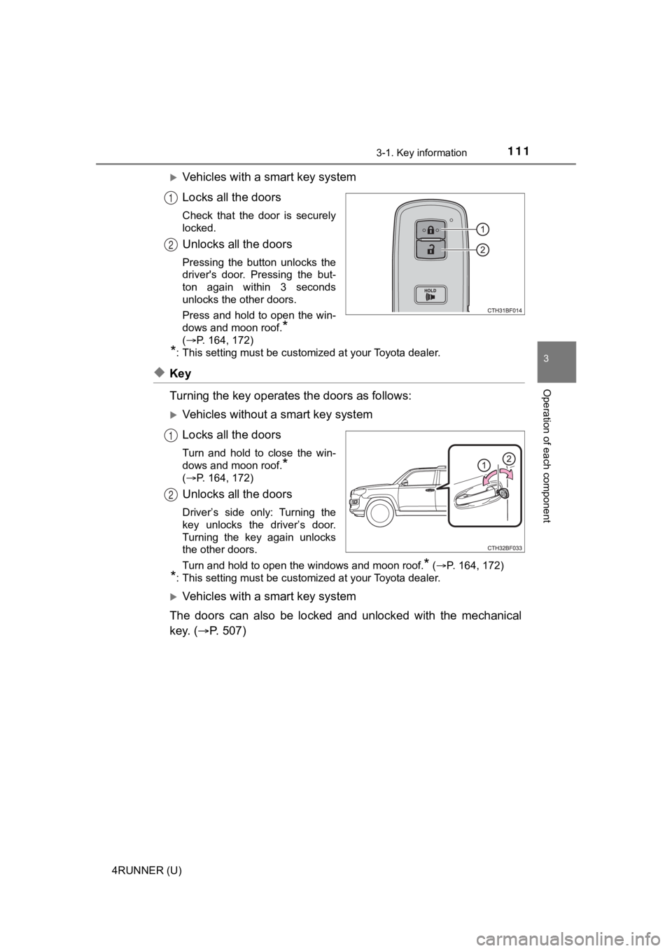 TOYOTA 4RUNNER 2021  Owners Manual (in English) 1113-1. Key information
3
Operation of each component
4RUNNER (U)
Vehicles with a smart key system
Locks all the doors
Check  that  the  door  is  securely
locked.
Unlocks all the doors
Pressing  t