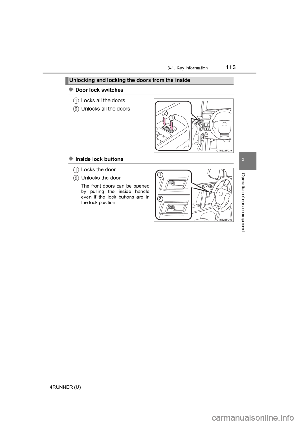 TOYOTA 4RUNNER 2021  Owners Manual (in English) 1133-1. Key information
3
Operation of each component
4RUNNER (U)
◆Door lock switchesLocks all the doors
Unlocks all the doors
◆Inside lock buttonsLocks the door
Unlocks the door
The  front  doors
