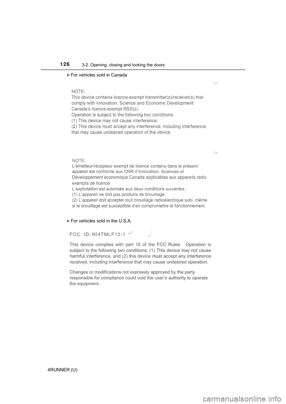 TOYOTA 4RUNNER 2021  Owners Manual (in English) 1263-2. Opening, closing and locking the doors
4RUNNER (U)
For vehicles sold in Canada
For vehicles sold in the U.S.A. 