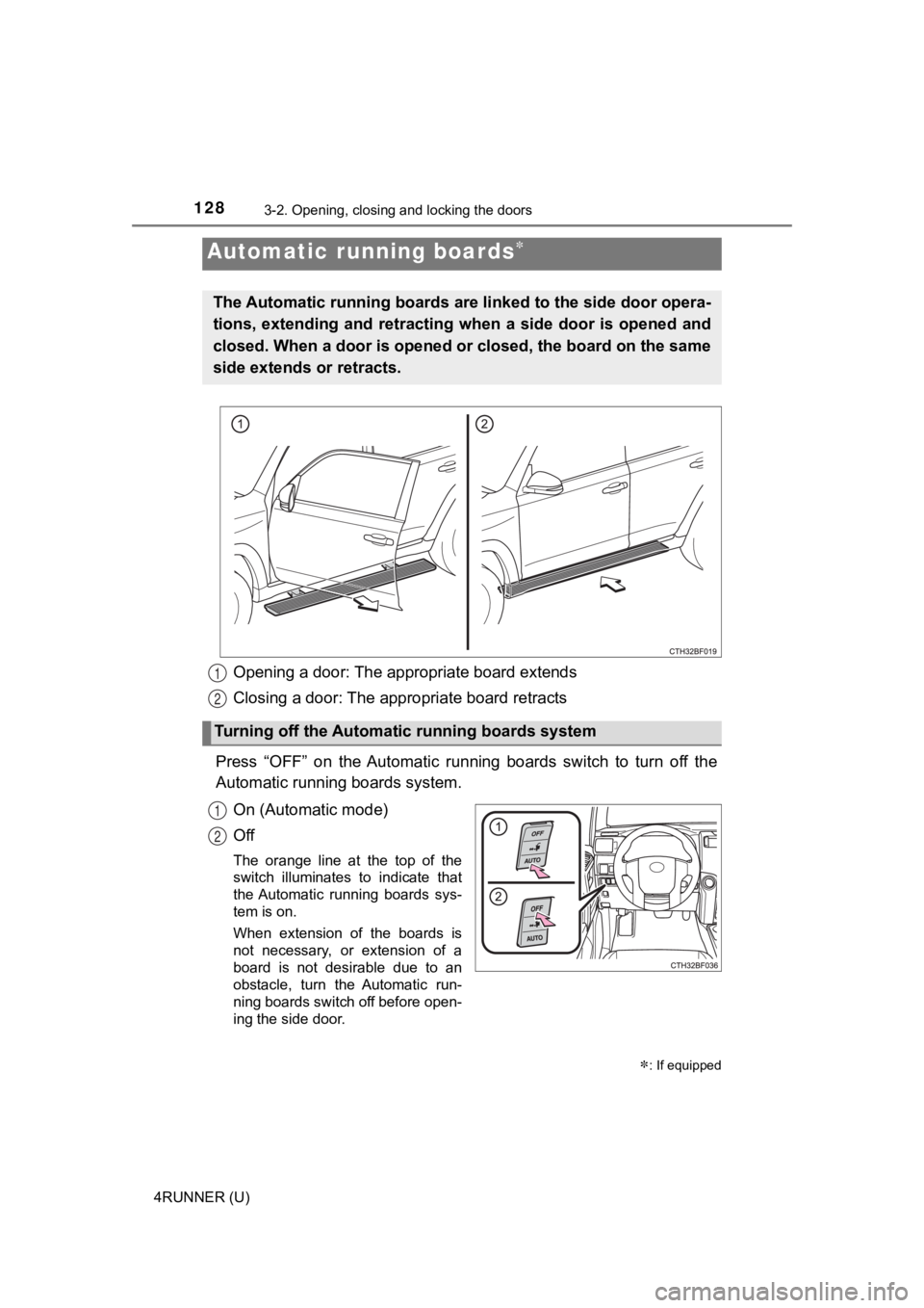 TOYOTA 4RUNNER 2021  Owners Manual (in English) 1283-2. Opening, closing and locking the doors
4RUNNER (U)
Opening a door: The appropriate board extends 
Closing a door: The appropriate board retracts 
Press  “OFF”  on  the Automatic  running  
