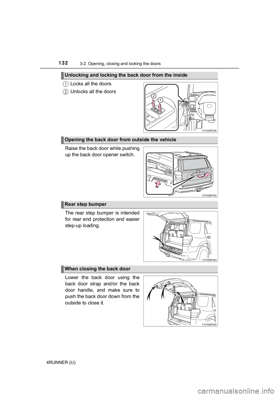 TOYOTA 4RUNNER 2021  Owners Manual (in English) 1323-2. Opening, closing and locking the doors
4RUNNER (U)
Locks all the doors
Unlocks all the doors
Raise the back door while pushing
up the back door opener switch.
The  rear  step  bumper  is  inte