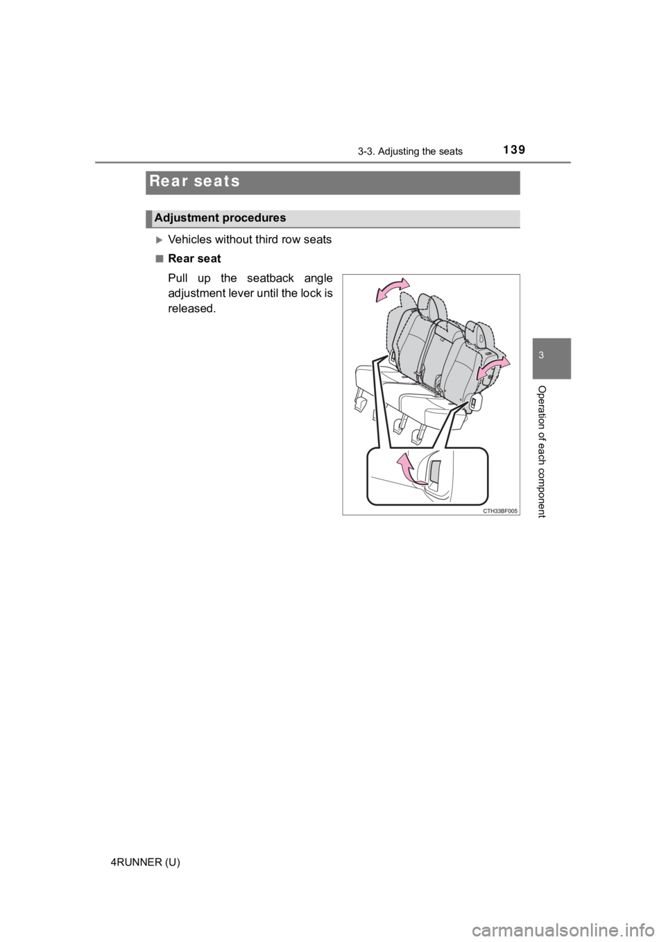 TOYOTA 4RUNNER 2021  Owners Manual (in English) 1393-3. Adjusting the seats
3
Operation of each component
4RUNNER (U)
Vehicles without third row seats
■Rear seat
Pull  up  the  seatback  angle
adjustment lever until the lock is
released.
Rear 