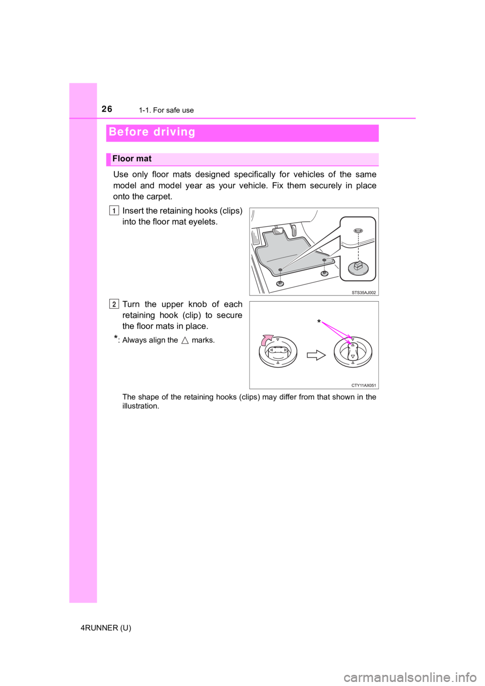 TOYOTA 4RUNNER 2021  Owners Manual (in English) 26
4RUNNER (U)
1-1. For safe use
Use  only  floor  mats  designed  specifically  for  vehicles  of  the  same
model  and  model  year  as  your  vehicle.  Fix  them  securely  in  plac e
onto the carp