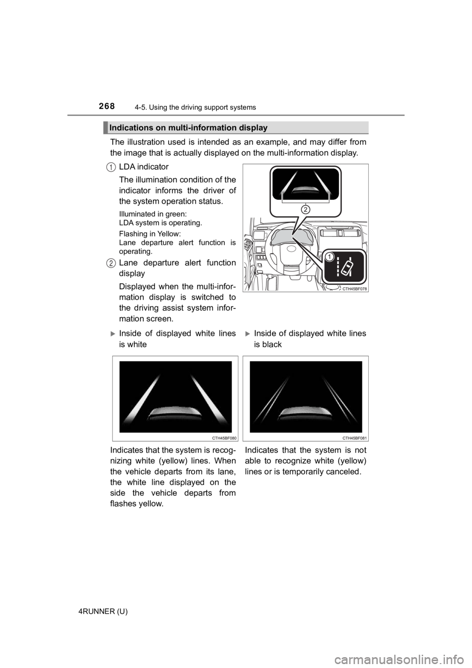 TOYOTA 4RUNNER 2021  Owners Manual (in English) 2684-5. Using the driving support systems
4RUNNER (U)
The  illustration  used  is  intended  as  an  example,  and  may  differ  from
the image that is actually display ed on the multi-information dis