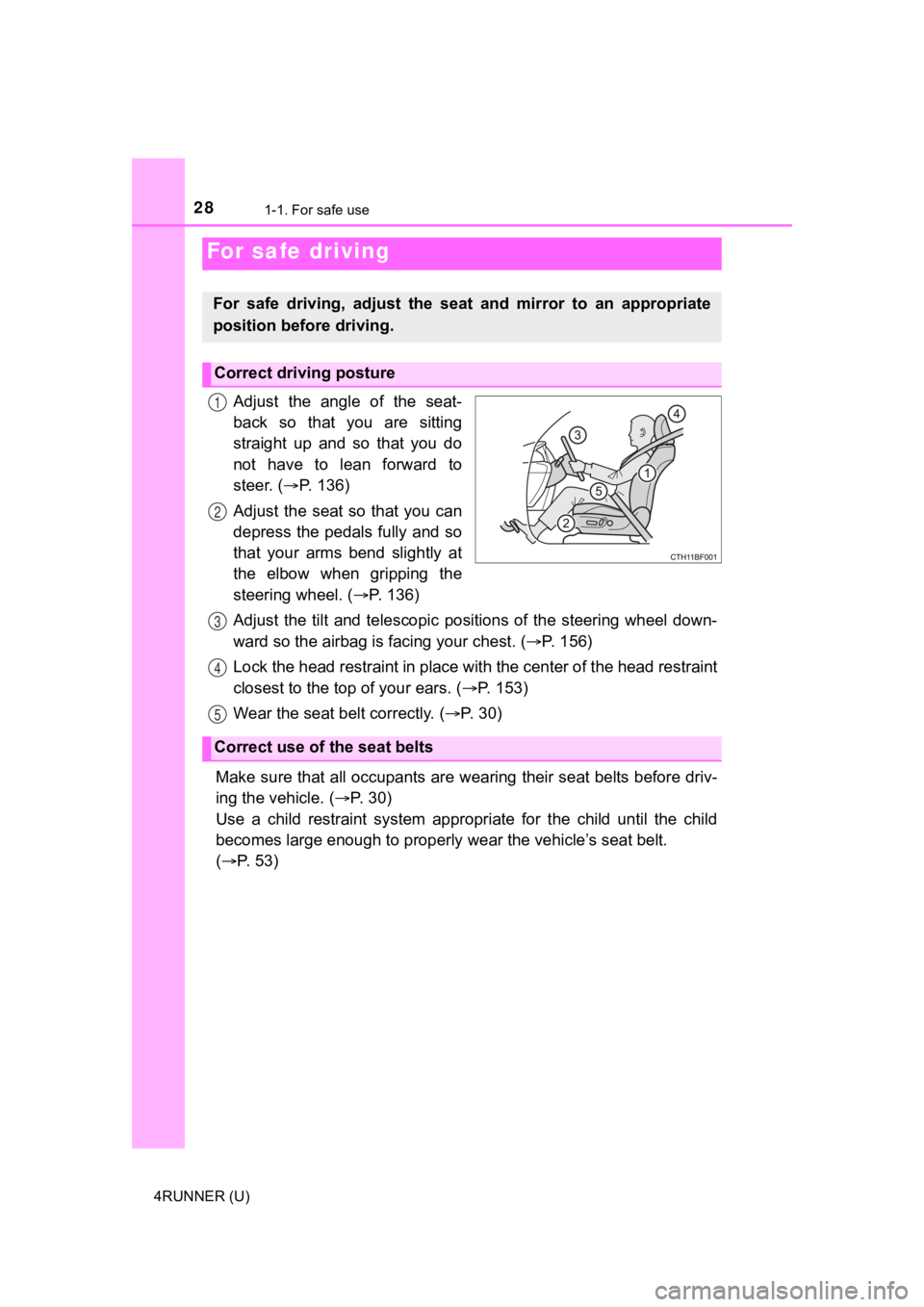 TOYOTA 4RUNNER 2021 Owners Manual (in English) 281-1. For safe use
4RUNNER (U)
Adjust the angle of the seat-
back so that you are sitting
straight up and so that you do
not have to lean forward to
steer. (P. 1 3 6 )
Adjus TOYOTA 4RUNNER 2021 Owners Manual (in English) 281-1. For safe use
4RUNNER (U)
Adjust the angle of the seat-
back so that you are sitting
straight up and so that you do
not have to lean forward to
steer. (P. 1 3 6 )
Adjus