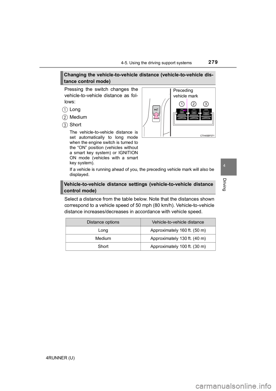 TOYOTA 4RUNNER 2021  Owners Manual (in English) 2794-5. Using the driving support systems
4
Driving
4RUNNER (U)
Pressing  the  switch  changes  the
vehicle-to-vehicle  distance  as  fol-
lows:Long
Medium
Short
The  vehicle-to-vehicle  distance  is
