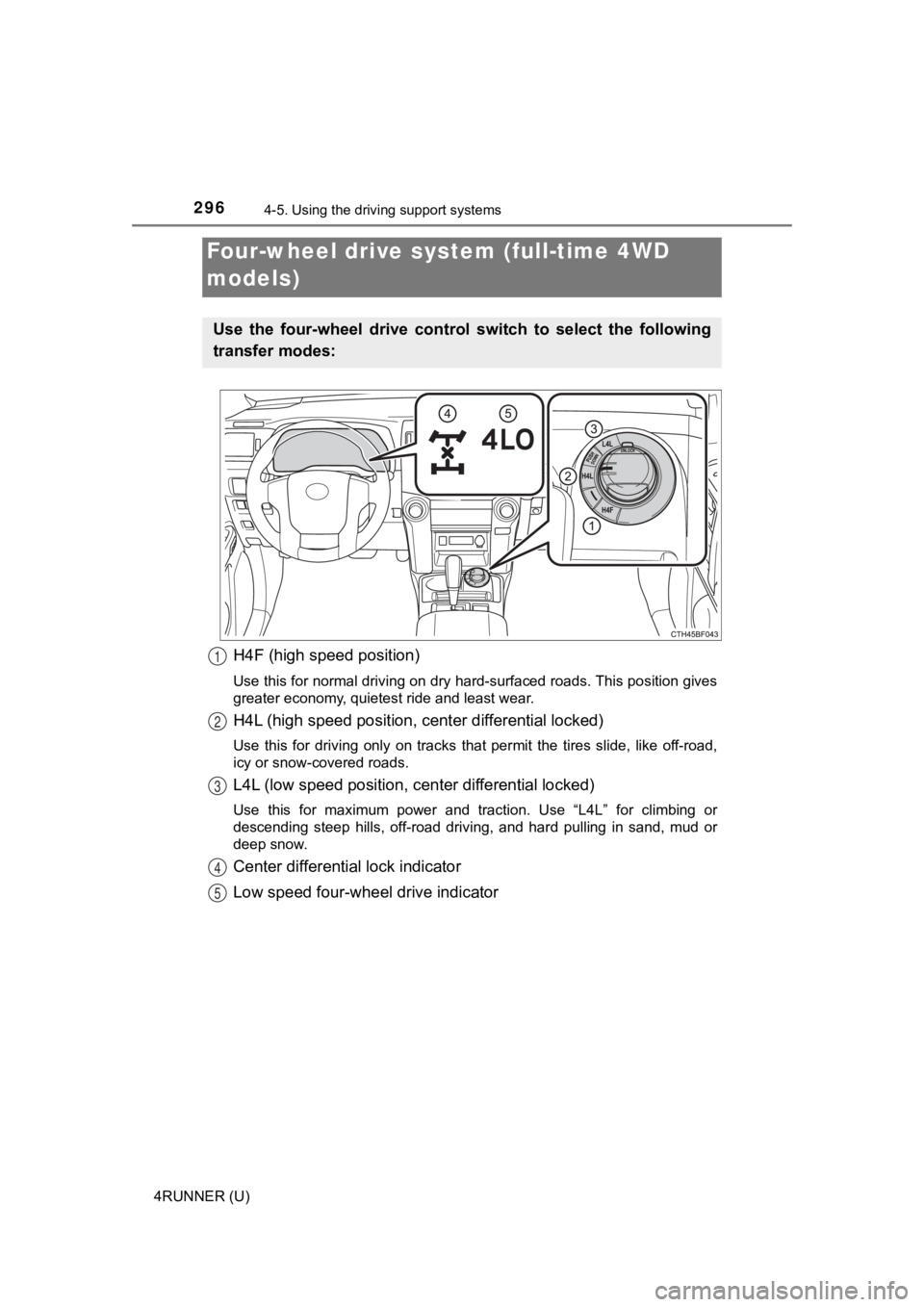 TOYOTA 4RUNNER 2021  Owners Manual (in English) 2964-5. Using the driving support systems
4RUNNER (U)
H4F (high speed position)
Use this for normal driving on dry hard-surfaced roads. This po sition gives
greater economy, quietest ride and least we