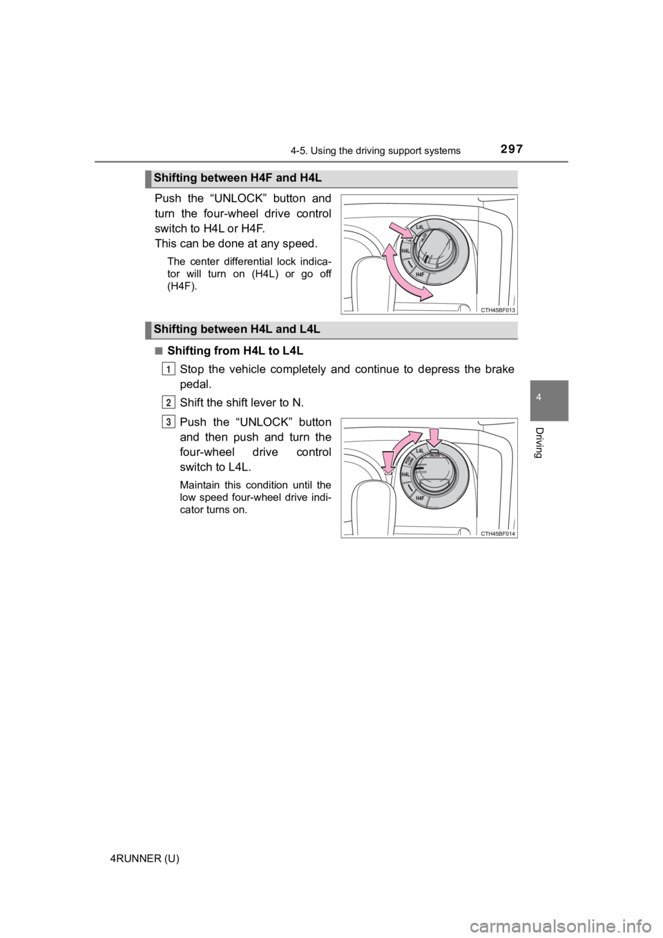 TOYOTA 4RUNNER 2021  Owners Manual (in English) 2974-5. Using the driving support systems
4
Driving
4RUNNER (U)
Push  the  “UNLOCK”  button  and
turn  the  four-wheel  drive  control
switch to H4L or H4F.
This can be done at any speed.
The  cen