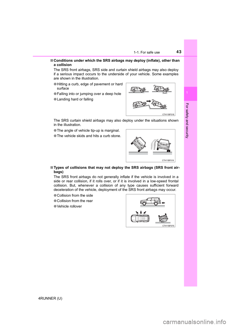TOYOTA 4RUNNER 2021 Owners Manual (in English) 431-1. For safe use
1
For safety and security
4RUNNER (U)■
Conditions under which the SRS ai rbags may deploy (inflate), other than
a collision
The SRS front airbags, SRS side and curtain shield ai TOYOTA 4RUNNER 2021 Owners Manual (in English) 431-1. For safe use
1
For safety and security
4RUNNER (U)■
Conditions under which the SRS ai rbags may deploy (inflate), other than
a collision
The SRS front airbags, SRS side and curtain shield ai