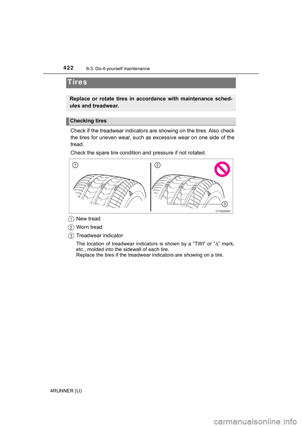 TOYOTA 4RUNNER 2021  Owners Manual (in English) 4226-3. Do-it-yourself maintenance
4RUNNER (U)
Check if the treadwear indicators are showing on the tires. Also check
the tires for uneven wear, such as excessive wear on one side o f the
tread.
Check