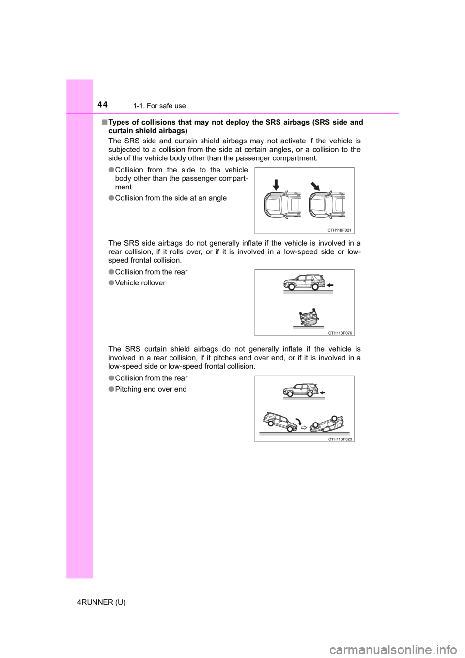 TOYOTA 4RUNNER 2021  Owners Manual (in English) 441-1. For safe use
4RUNNER (U)■
Types  of  collisions  that  may  not  deploy  the  SRS  airbags  (SRS  si de  and
curtain shield airbags)
The  SRS  side  and  curtain  shield  airbags  may  not  a