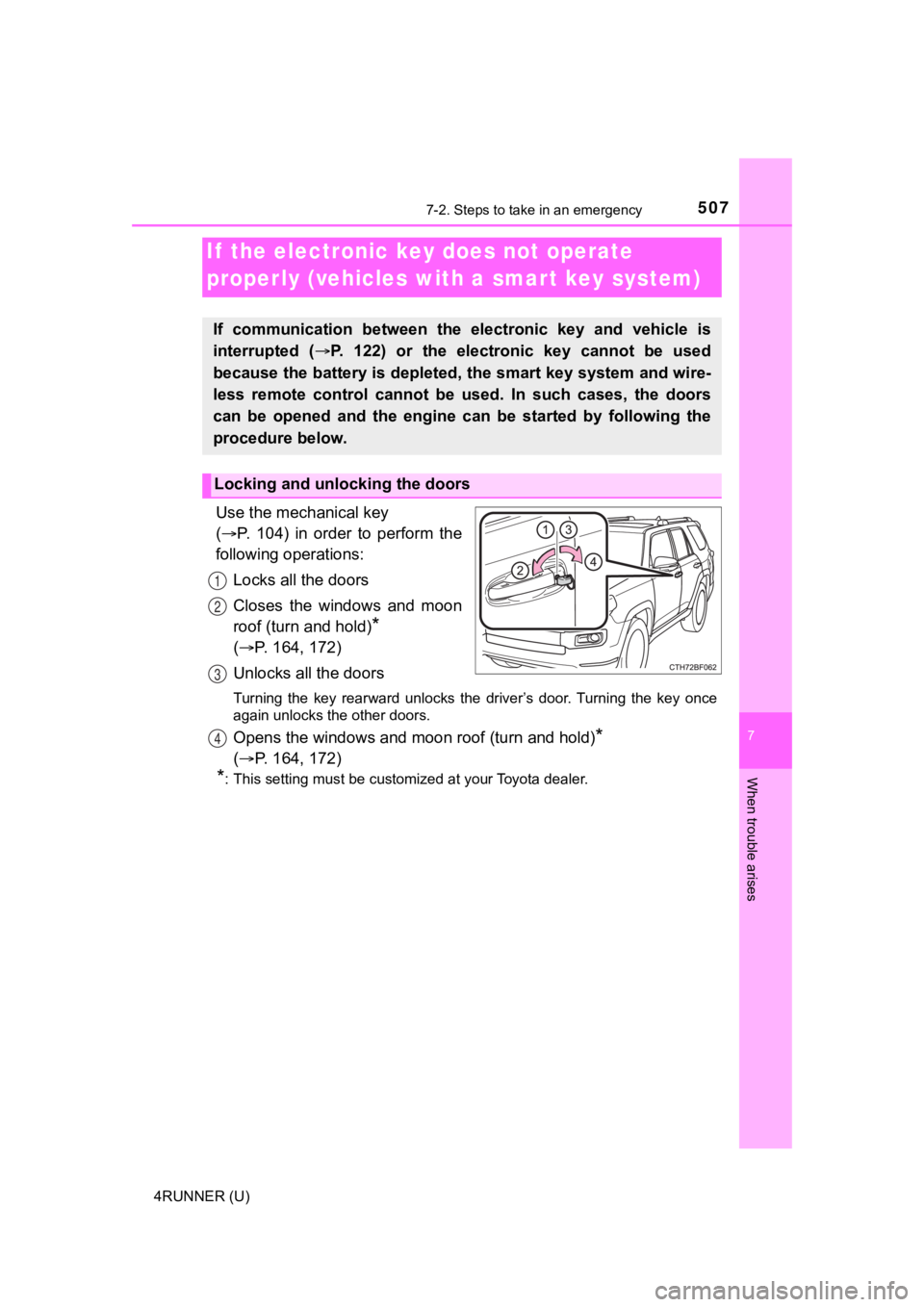 TOYOTA 4RUNNER 2021  Owners Manual (in English) 5077-2. Steps to take in an emergency
7
When trouble arises
4RUNNER (U)
Use the mechanical key 
( P.  104)  in  order  to  perform  the
following operations:
Locks all the doors
Closes  the  window