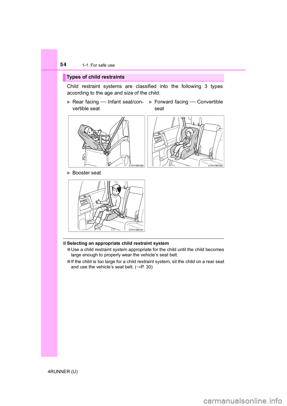 TOYOTA 4RUNNER 2021  Owners Manual (in English) 541-1. For safe use
4RUNNER (U)
Child  restraint  systems  are  classified  into  the  following  3  types
according to the age a nd size of the child:
■Selecting an appropriate child restraint syst