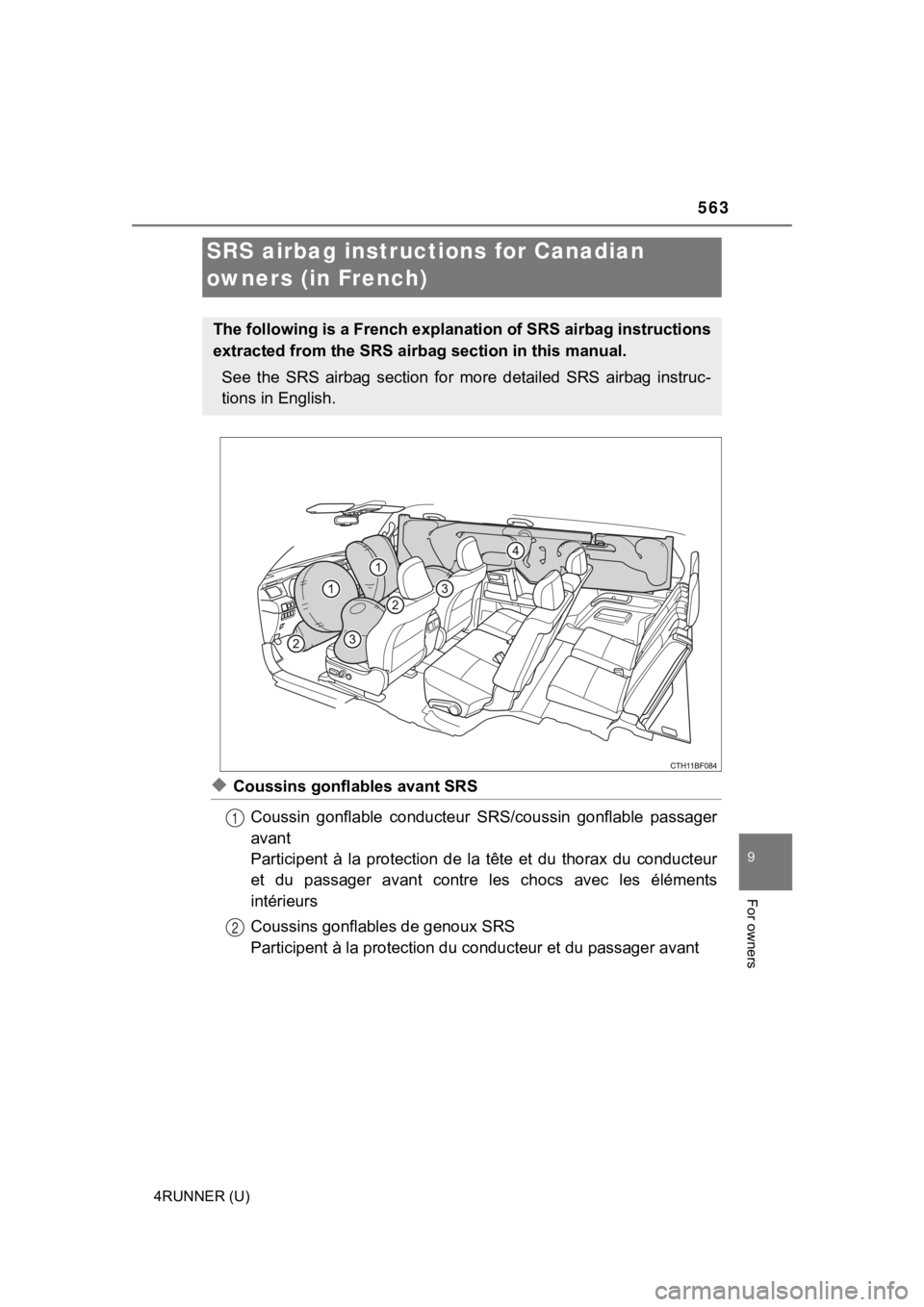 TOYOTA 4RUNNER 2021  Owners Manual (in English) 563
9
For owners
4RUNNER (U)
◆Coussins gonflables avant SRSCoussin  gonflable  conducteur  SRS/coussin  gonflable  passager
avant
Participent  à  la  protection  de  la  tête  et  du  thorax  du  
