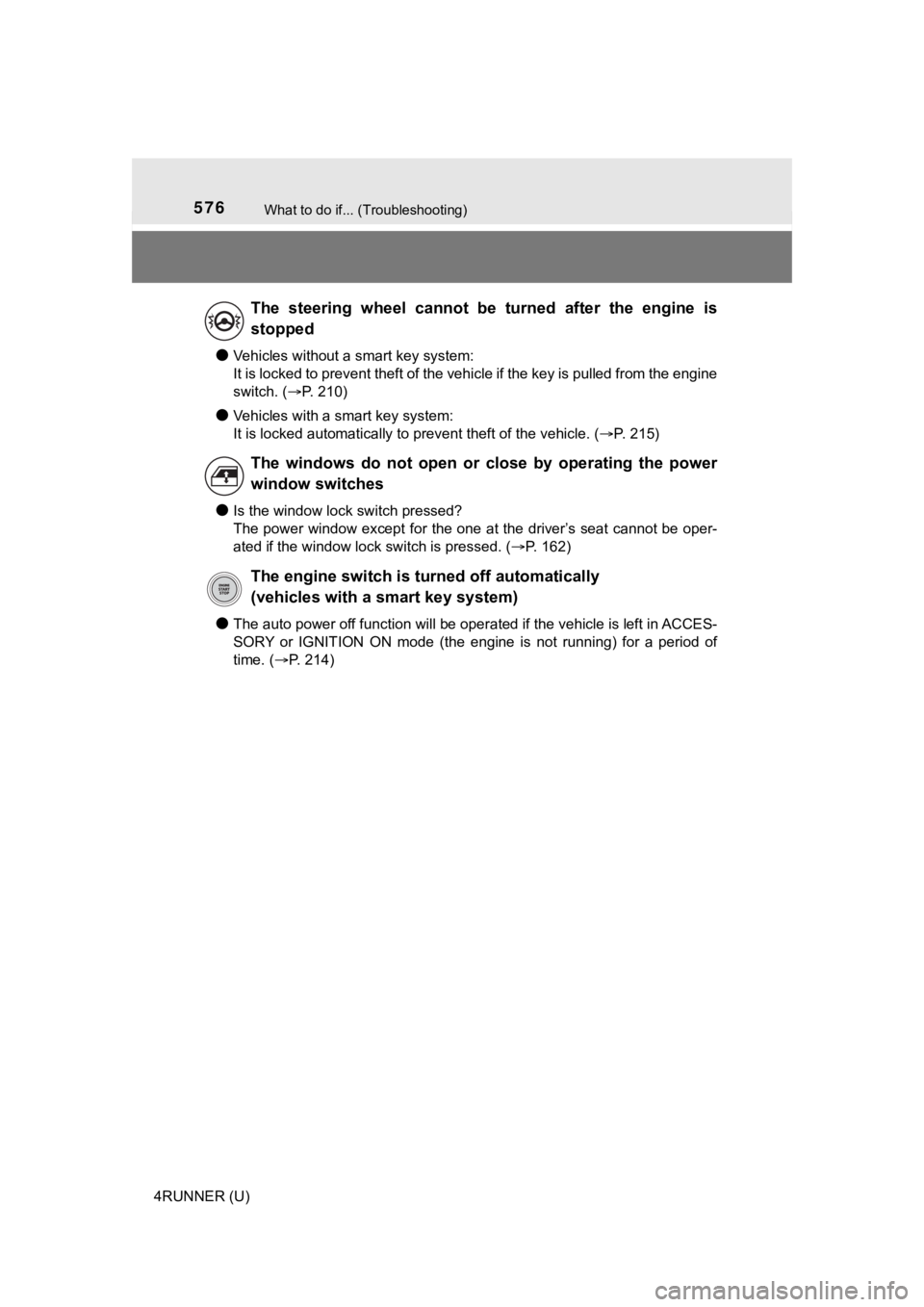 TOYOTA 4RUNNER 2021  Owners Manual (in English) 576What to do if... (Troubleshooting)
4RUNNER (U)
●Vehicles without a smart key system:
It is locked to prevent theft of the vehicle if the key is pulled from the engine
switch. (P. 210)
●Vehic