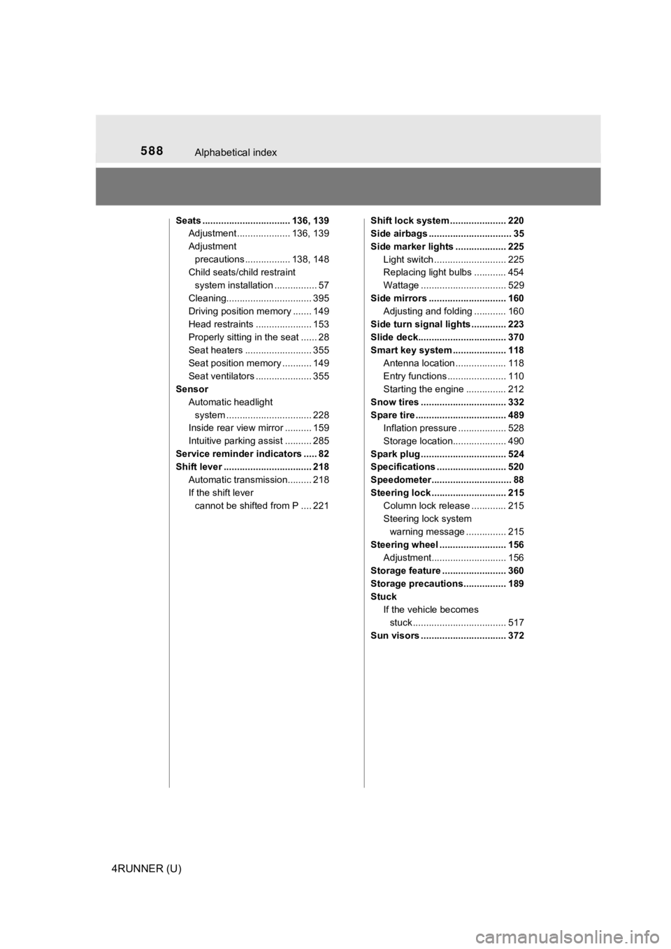 TOYOTA 4RUNNER 2021 Owners Manual (in English) 588Alphabetical index
4RUNNER (U)
Seats ................................. 136, 139Adjustment .................... 136, 139
Adjustment
precautions ................. 138, 148
Child seats/child restrain TOYOTA 4RUNNER 2021 Owners Manual (in English) 588Alphabetical index
4RUNNER (U)
Seats ................................. 136, 139Adjustment .................... 136, 139
Adjustment
precautions ................. 138, 148
Child seats/child restrain