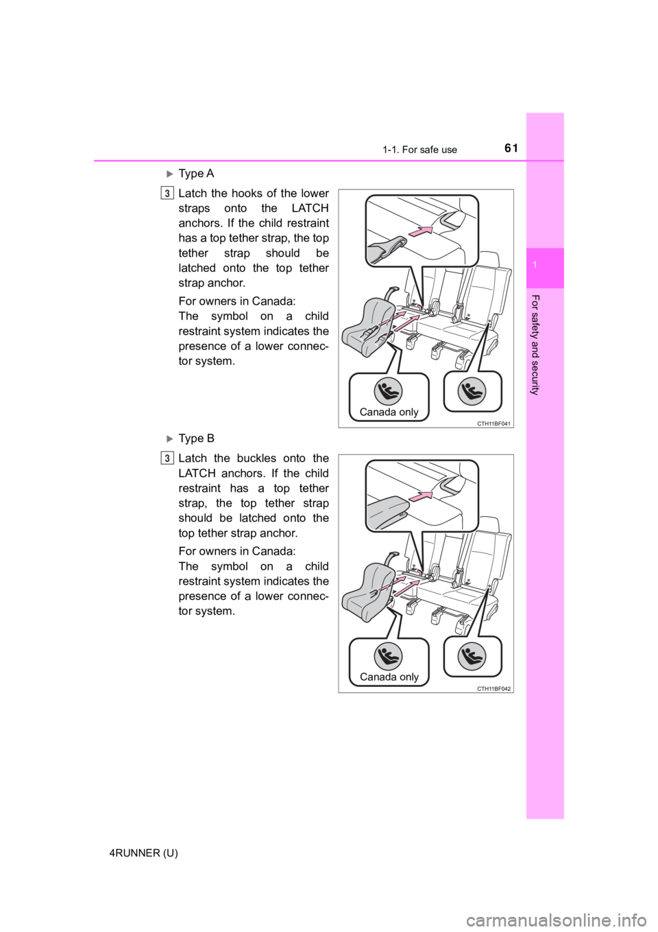 TOYOTA 4RUNNER 2021  Owners Manual (in English) 611-1. For safe use
1
For safety and security
4RUNNER (U)
Ty p e  A
Latch  the  hooks  of  the  lower
straps  onto  the  LATCH
anchors.  If  the  child  restraint
has a top tether strap, the top
te