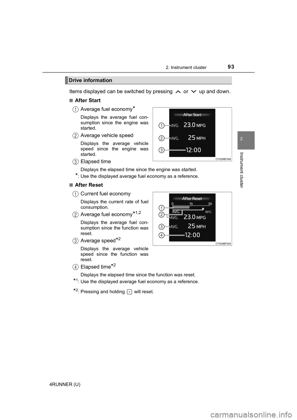 TOYOTA 4RUNNER 2021  Owners Manual (in English) 932. Instrument cluster
2
Instrument cluster
4RUNNER (U)
Items displayed can be switched by pressing   or   up and down.
■After StartAverage fuel economy
*
Displays  the  average  fuel  con-
sumptio