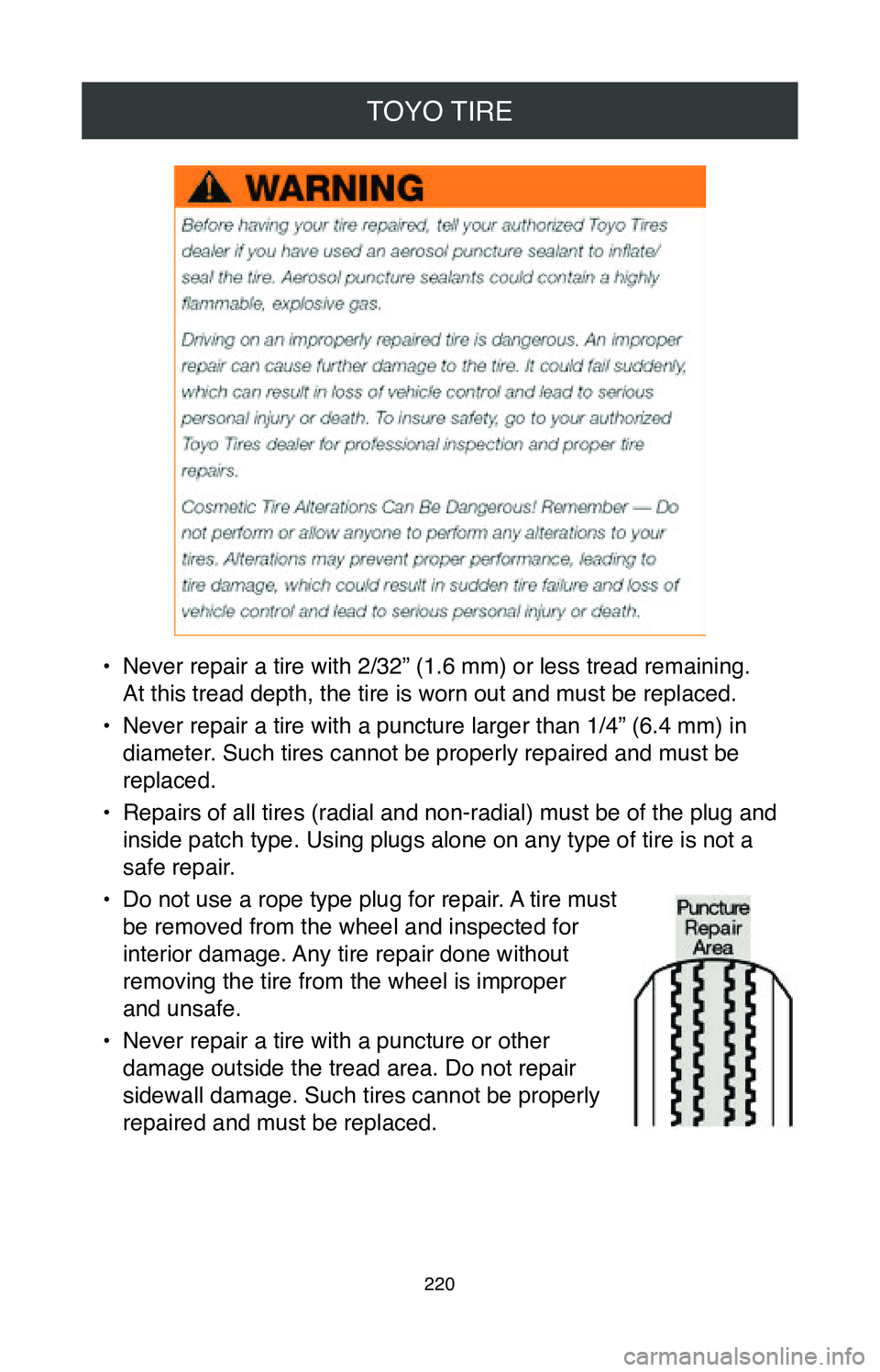 TOYOTA GT86 2020  Warranties & Maintenance Guides (in English) TOYO TIRE
220
• Never repair a tire with 2/32” (1.6 mm) or less tread remaining.  
At this tread depth, the tire is worn out and must be replaced.
•
 Never repair a tire with a puncture larger t