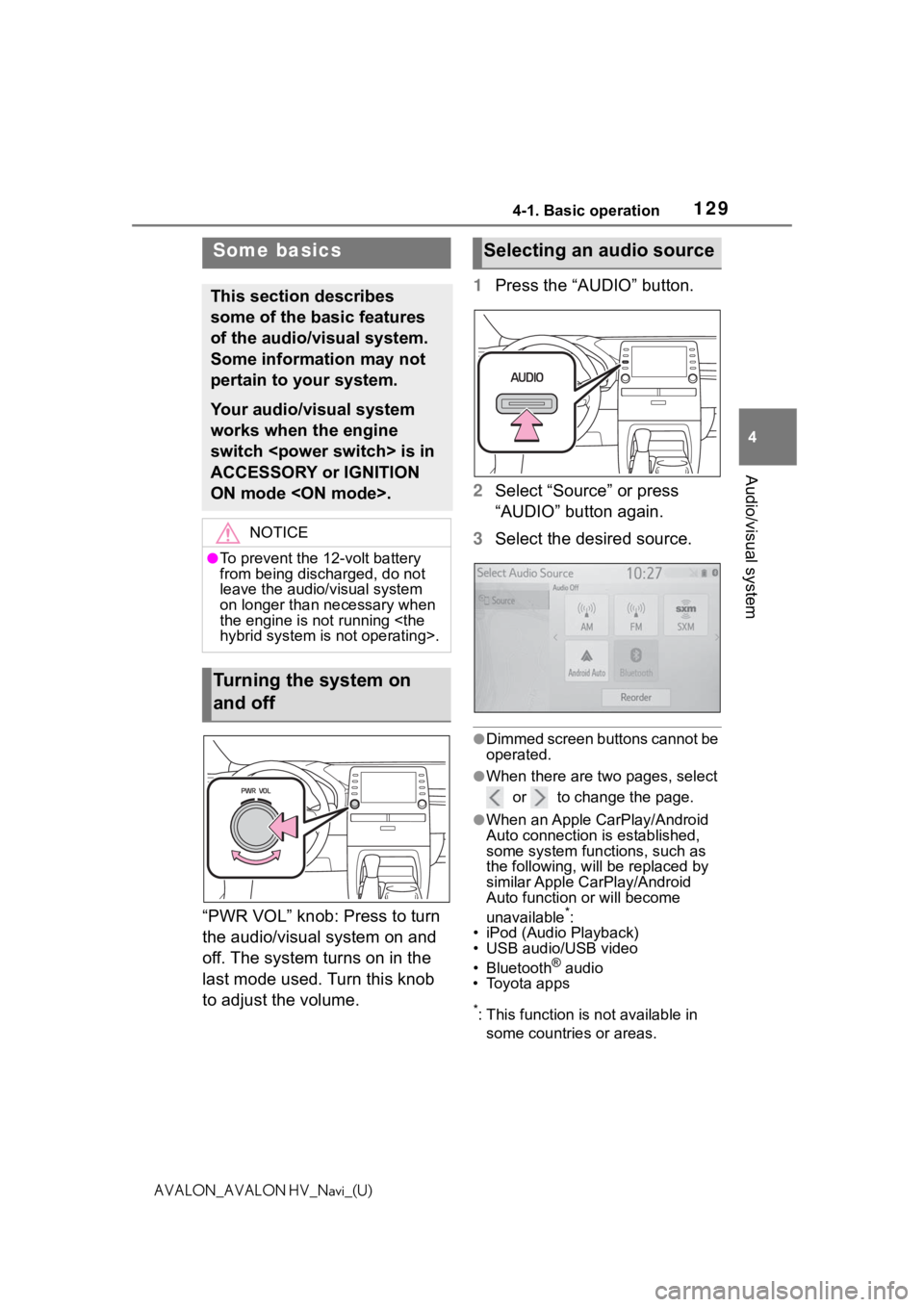 TOYOTA AVALON 2021 Accessories, Audio & Navigation (in English) 1294-1. Basic operation
4
Audio/visual system
AVALON_AVALON HV_Navi_(U)
“PWR VOL” knob: Press to turn
the audio/visual system on and
off. The system turns on in the
last mode used. Turn this kn TOYOTA AVALON 2021 Accessories, Audio & Navigation (in English) 1294-1. Basic operation
4
Audio/visual system
AVALON_AVALON HV_Navi_(U)
“PWR VOL” knob: Press to turn
the audio/visual system on and
off. The system turns on in the
last mode used. Turn this kn