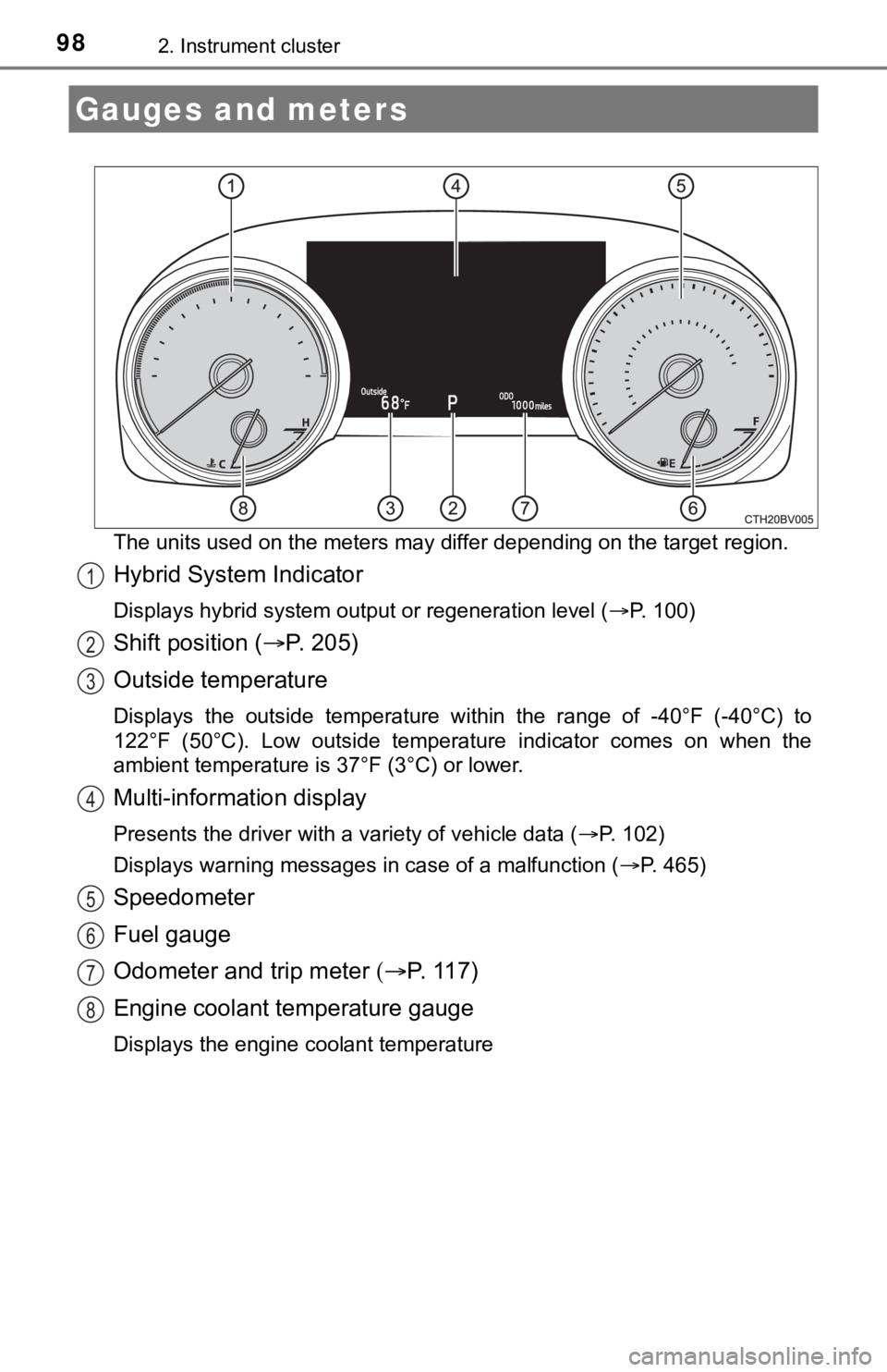 TOYOTA AVALON HYBRID 2021  Owners Manual (in English) 982. Instrument cluster
The units used on the meters may differ depending on the target region.
Hybrid System Indicator
Displays hybrid system output or regeneration level (P. 100)
Shift position (