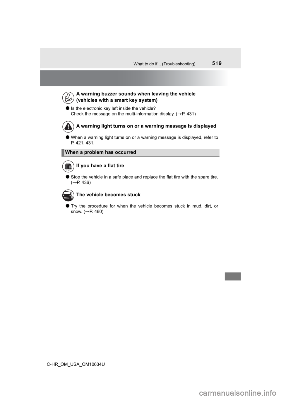 TOYOTA C-HR 2020  Owners Manual (in English) 519What to do if... (Troubleshooting)
C-HR_OM_USA_OM10634U
●Is the electronic key left inside the vehicle?
Check the message on the multi-information display. (P. 431)
●When a warning light tur