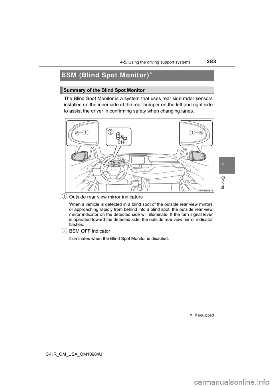 TOYOTA C-HR 2021  Owners Manual (in English) 2834-5. Using the driving support systems
4
Driving
C-HR_OM_USA_OM10684U
BSM (Blind Spot Monitor)
The Blind Spot Monitor is a system that uses rear side radar sensors
installed on the inner side of