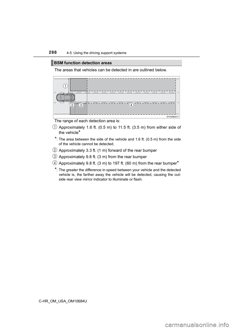 TOYOTA C-HR 2021  Owners Manual (in English) 2884-5. Using the driving support systems
C-HR_OM_USA_OM10684U
The areas that vehicles can be  detected in are outlined below.
The range of each detection area is: Approximately  1.6  ft.  (0.5  m)  t