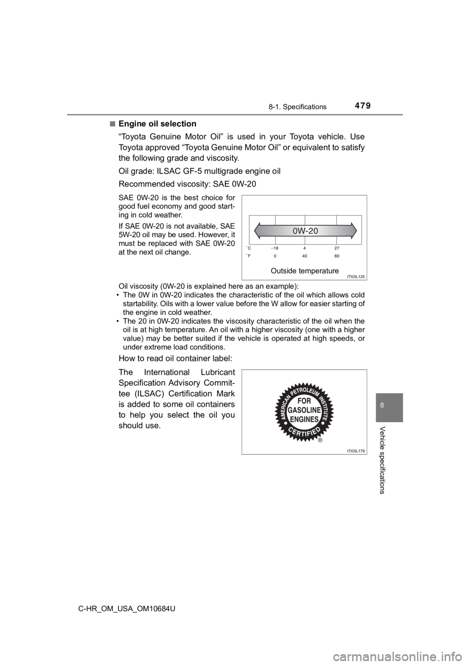 TOYOTA C-HR 2021 Owners Manual (in English) 4798-1. Specifications
8
Vehicle specifications
C-HR_OM_USA_OM10684U■
Engine oil selection
“Toyota Genuine Motor Oil” is used in your Toyota vehicle. Use
Toyota approved “Toyota Genu TOYOTA C-HR 2021 Owners Manual (in English) 4798-1. Specifications
8
Vehicle specifications
C-HR_OM_USA_OM10684U■
Engine oil selection
“Toyota Genuine Motor Oil” is used in your Toyota vehicle. Use
Toyota approved “Toyota Genu