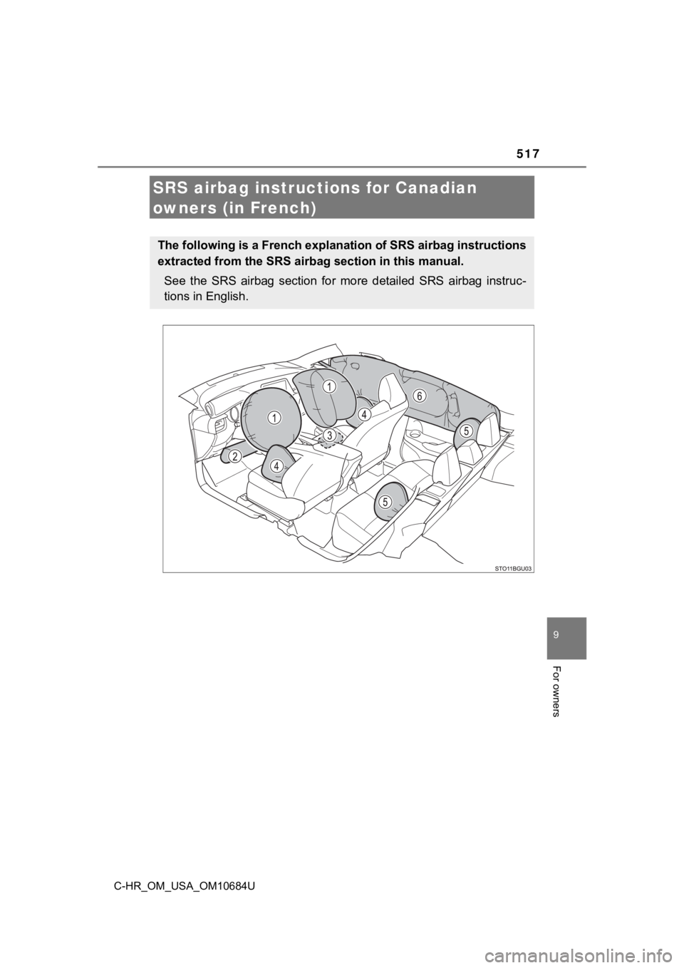 TOYOTA C-HR 2021  Owners Manual (in English) 517
C-HR_OM_USA_OM10684U
9
For owners
SRS airbag instructions for Canadian 
owners (in French)
The following is a French explanation of SRS airbag instructions
extracted from the SRS air bag section i