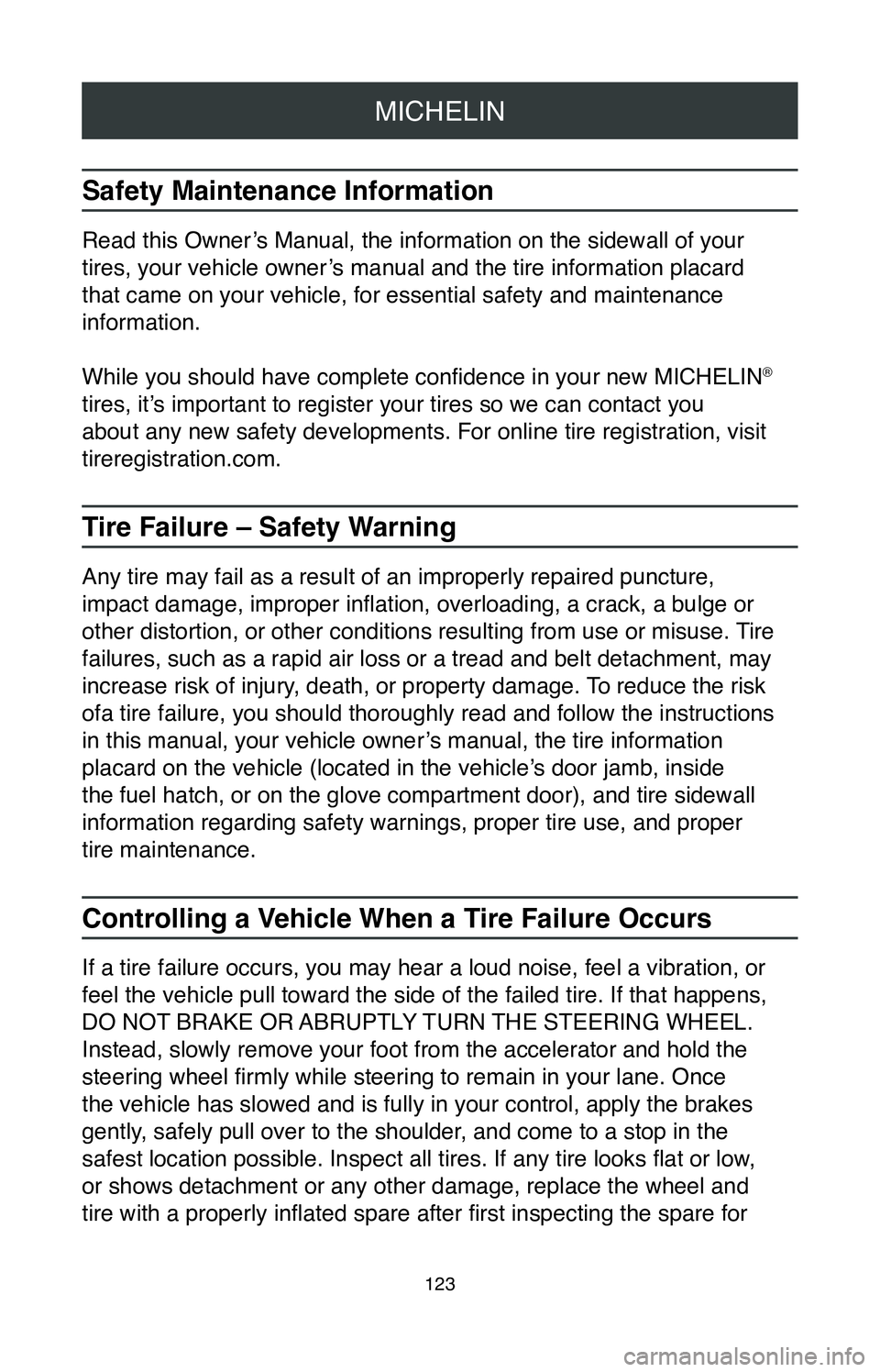 TOYOTA CAMRY 2020  Warranties & Maintenance Guides (in English) MICHELIN
123
Safety Maintenance Information
Read this Owner’s Manual, the information on the sidewall of your 
tires, your vehicle owner’s manual and the tire information placard 
that came on you